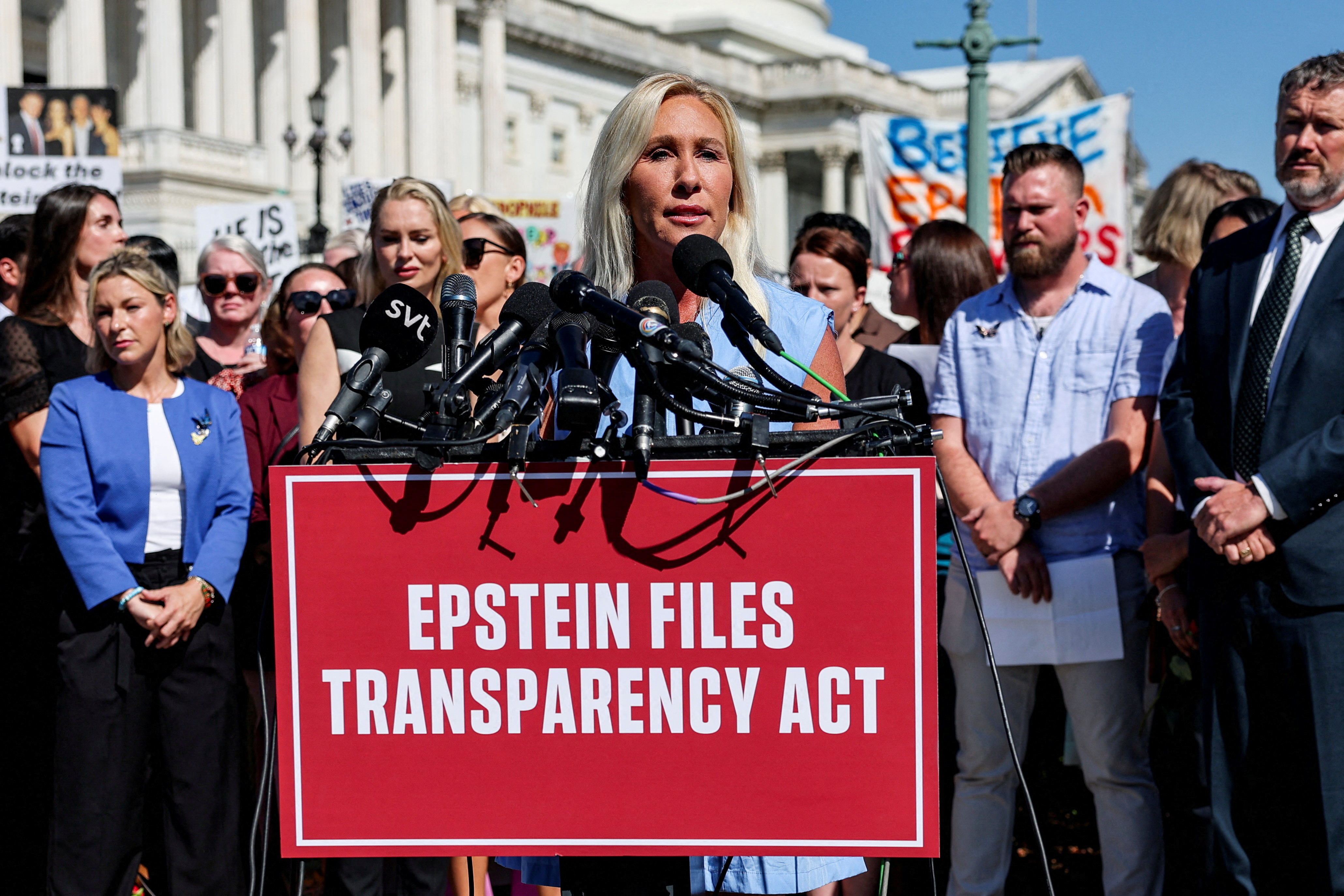 FILE PHOTO: U.S. Representative Marjorie Taylor Greene speaks during a press conference to discuss the Epstein Files Transparency bill, directing the release of the remaining files related to the investigations into Jeffrey Epstein and Ghislaine Maxwell, on Capitol Hill in Washington, D.C., U.S., September 3, 2025. REUTERS/Jonathan Ernst/File Photo