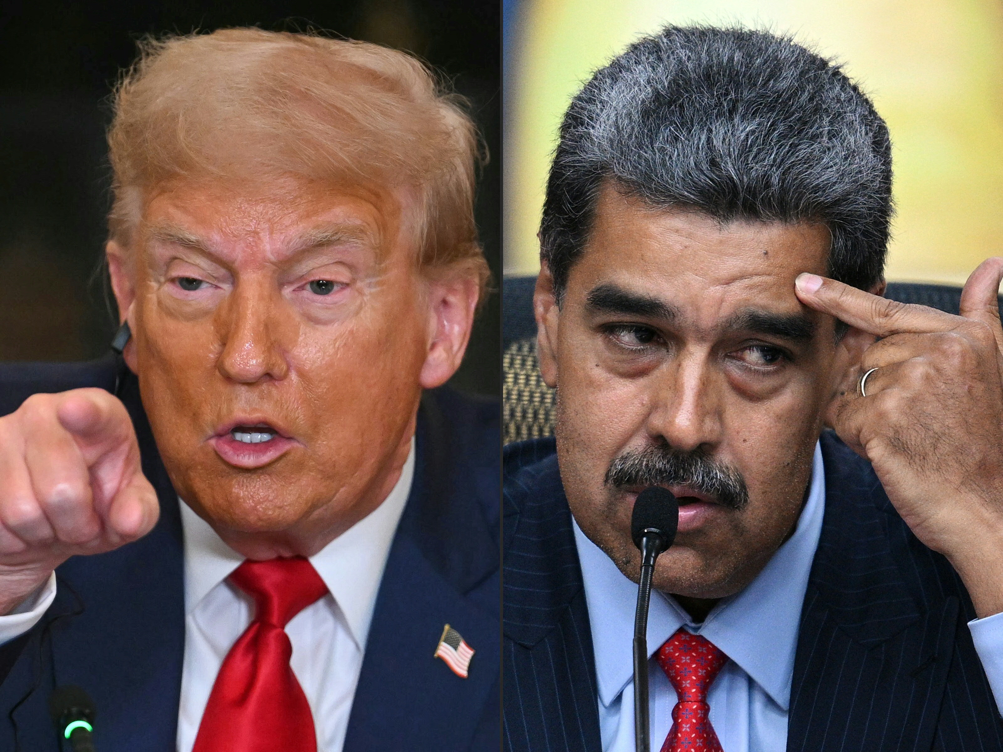 (COMBO) This combination of pictures created on August 07, 2025 shows US President Donald Trump (L) in Washington, DC, on July 9, 2025, and Venezuelan President Nicolas Maduro (R) in Caracas on July 31, 2024. The United States doubled its bounty on Venezuelan President Nicolas Maduro -- who faces federal drug trafficking charges -- to $50 million on August 7, 2025, a move Caracas described as "pathetic" and "ridiculous". (Photo by Jim WATSON and Federico PARRA / AFP)