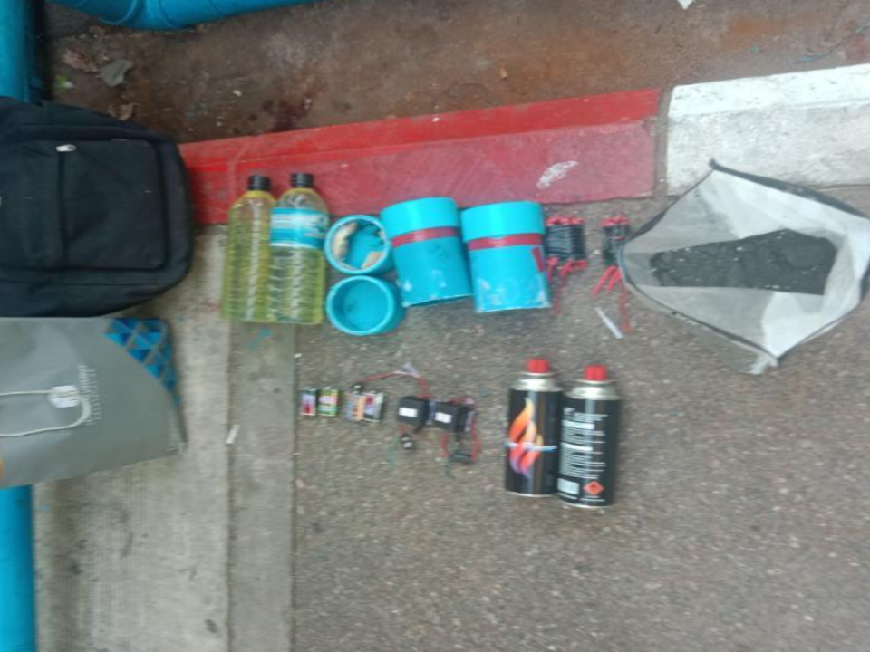 These photos document evidence seized from incidents involving explosive devices at government offices and other significant locations in Yangon