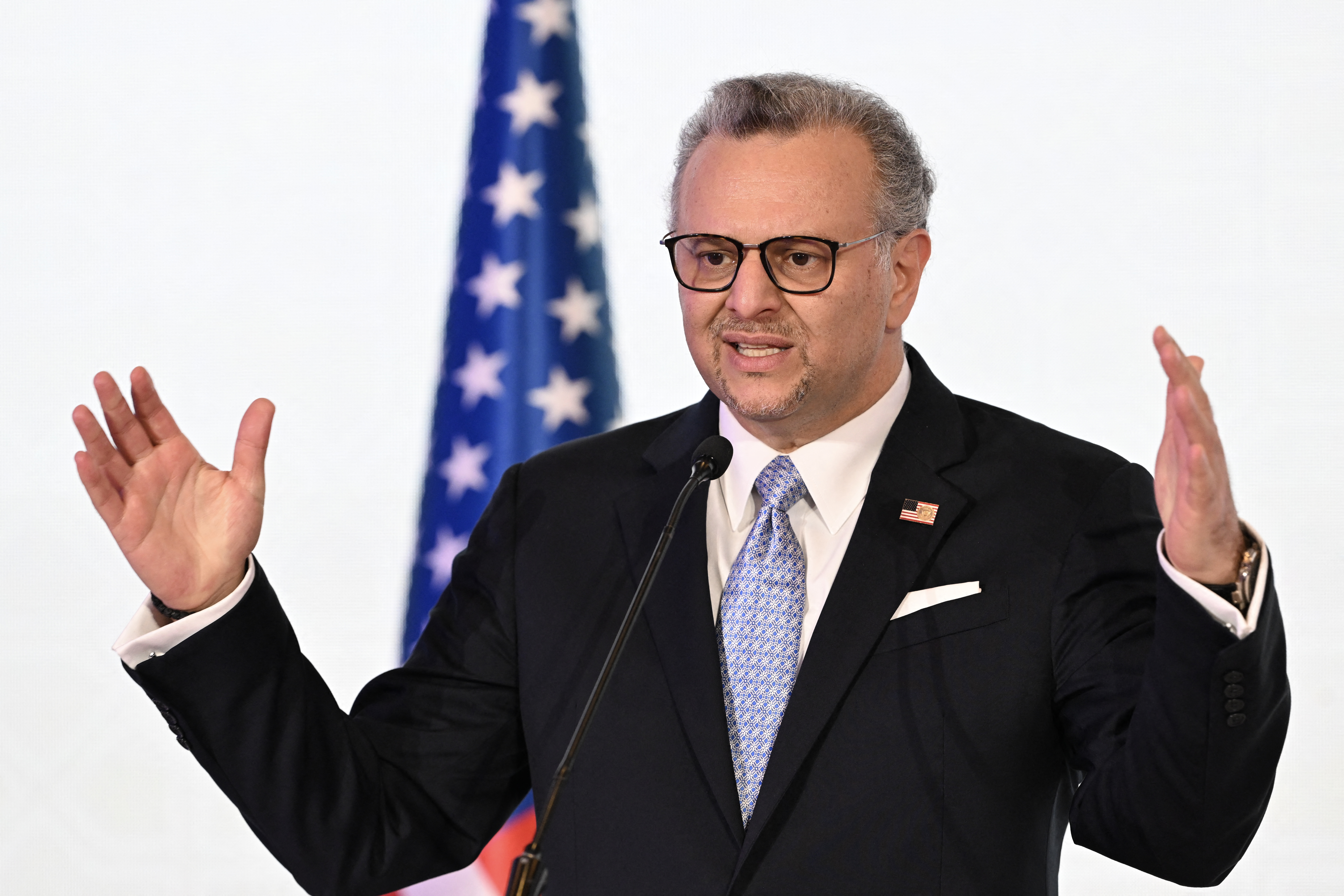 US Department of State's senior advisor to the president for Arab and African Affairs, Massad Fares Boulos, speaks during the signing ceremony of the Doha Framework for a Comprehensive Peace Agreement between the DRC Government and the Congo River Alliance/March 23 Movement (AFC/M23) in Doha on November 15, 2025.