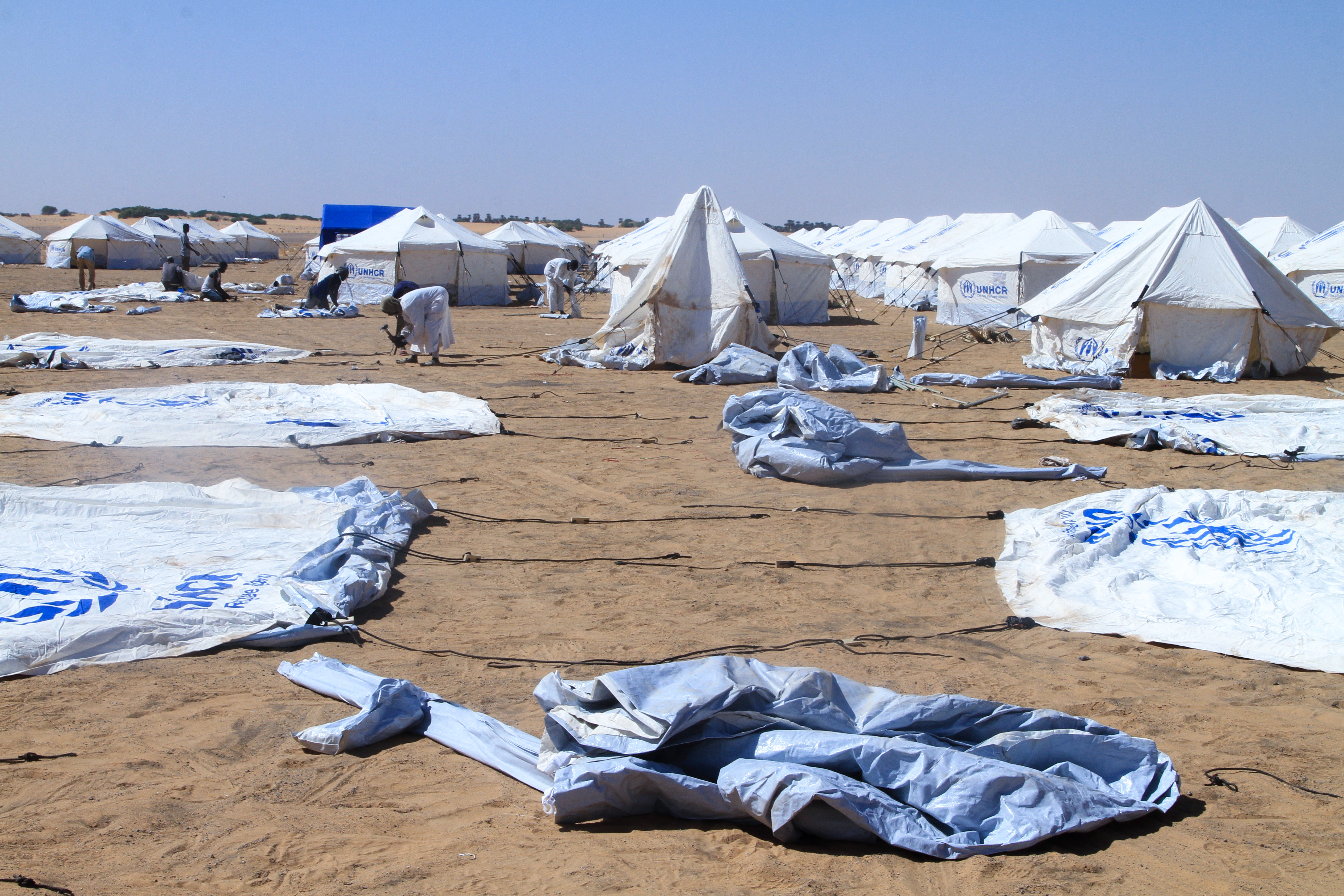 Sudanese volunteers prepare tents for those who fled El-Fasher at the Al-Afad camp for displaced people in the town of Al-Dabba, northern Sudan, on November 20, 2025.