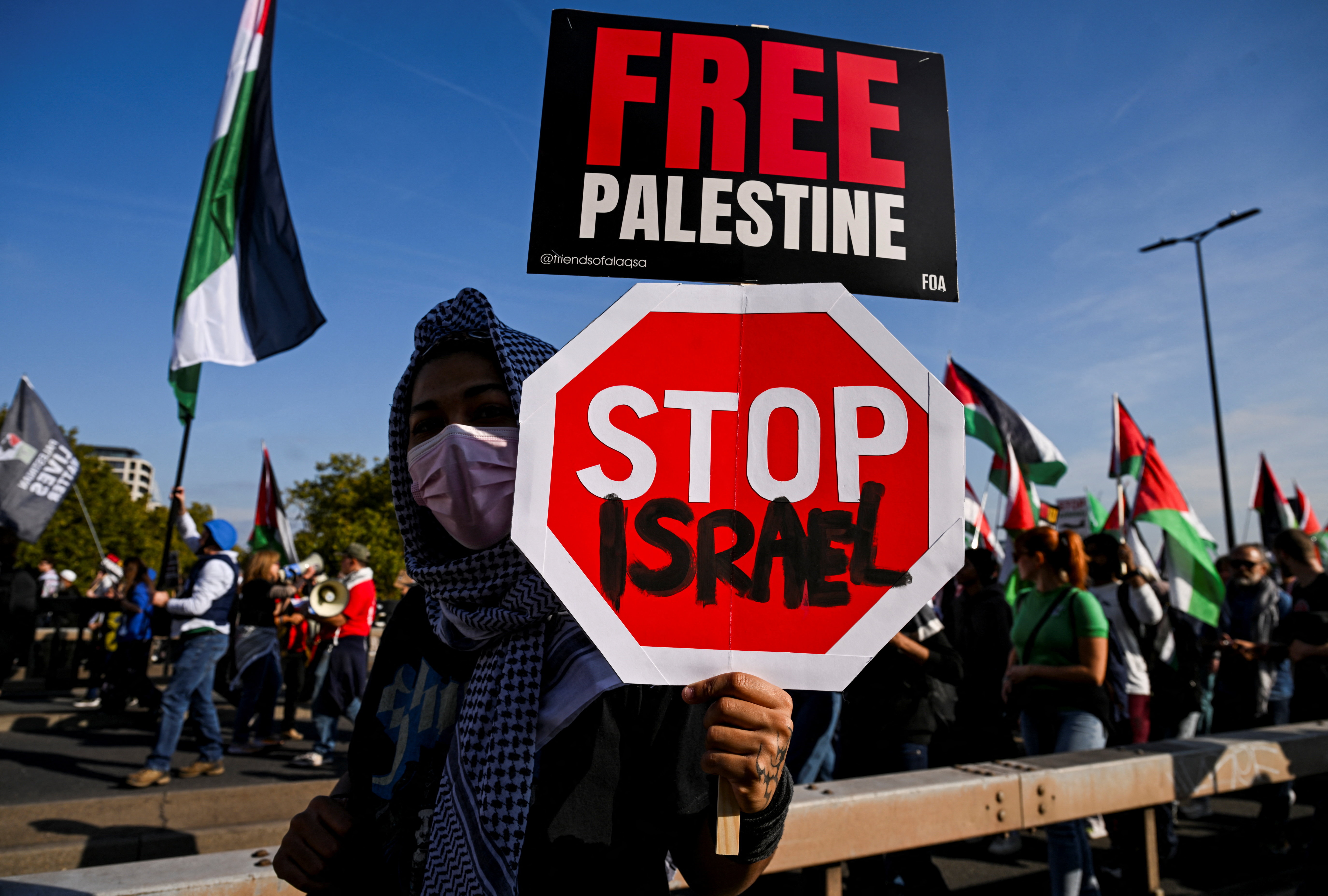 A protester carries a sign saying "Free Palestine; Stop Israel".