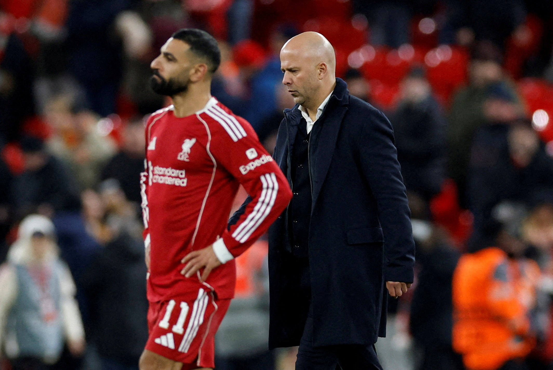 Liverpool manager Arne Slot and Liverpool's Mohamed Salah after a Premier League match