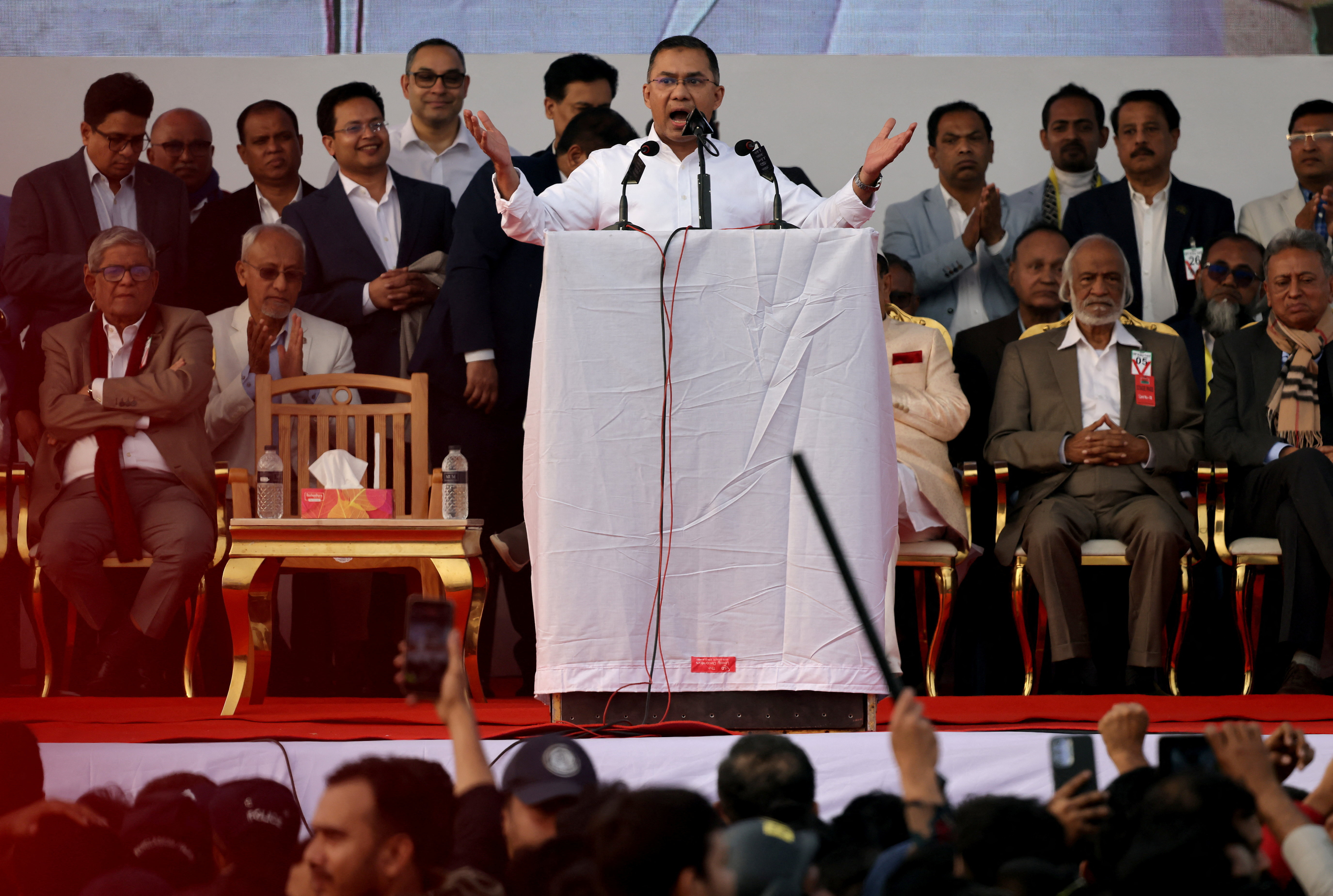 Bangladesh Nationalist Party (BNP) acting chairman Tarique Rahman addresses his supporters after his return from London, in Dhaka, Bangladesh, December 25, 2025. REUTERS/Mohammad Ponir Hossain