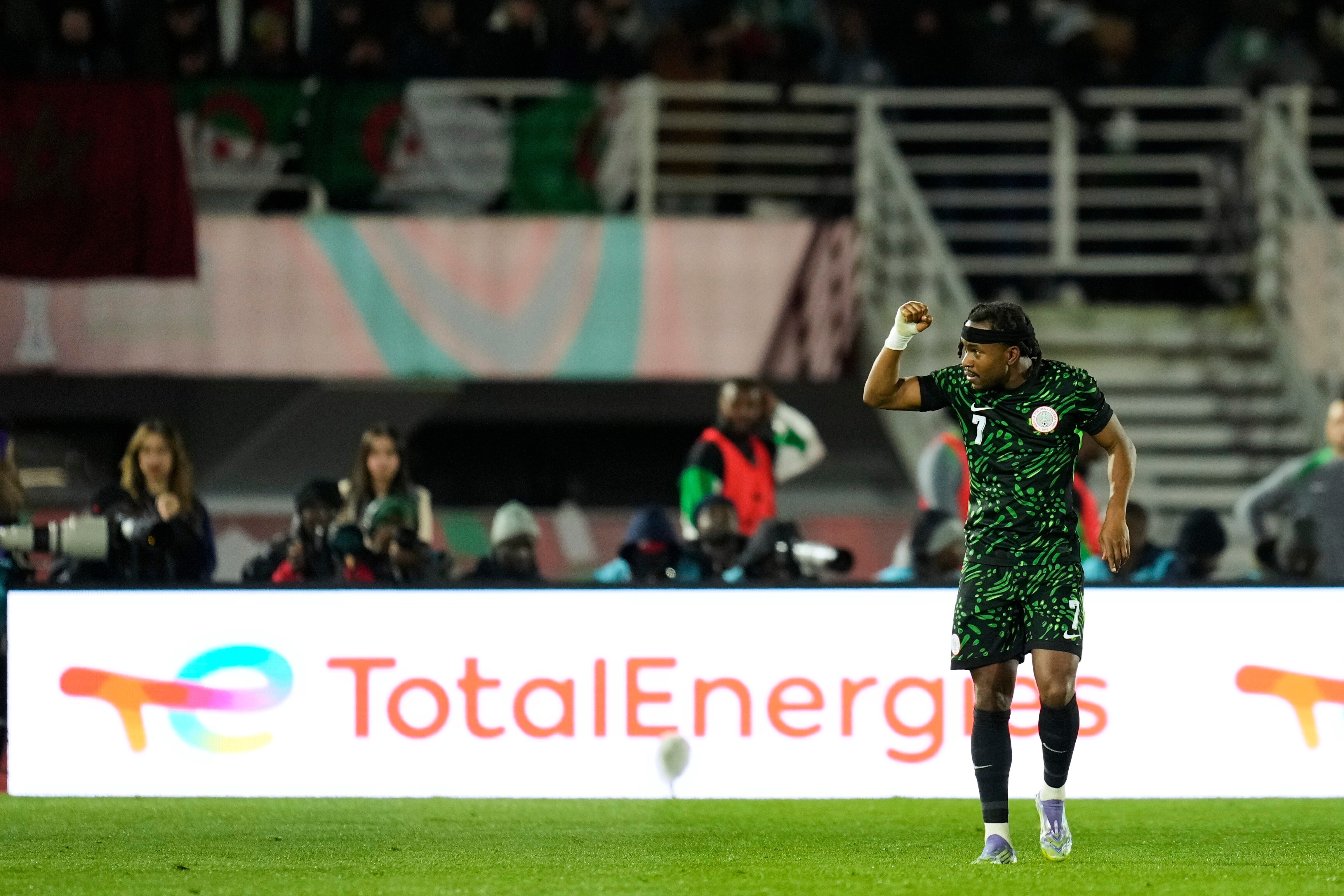 Nigeria's Ademola Lookman celebrates after scoring his side's third goal during the Africa Cup of Nations group C soccer match between Nigeria and Tunisia in Fez, Morocco, Saturday, Dec. 27, 2025. (AP Photo/Mosa'ab Elshamy)