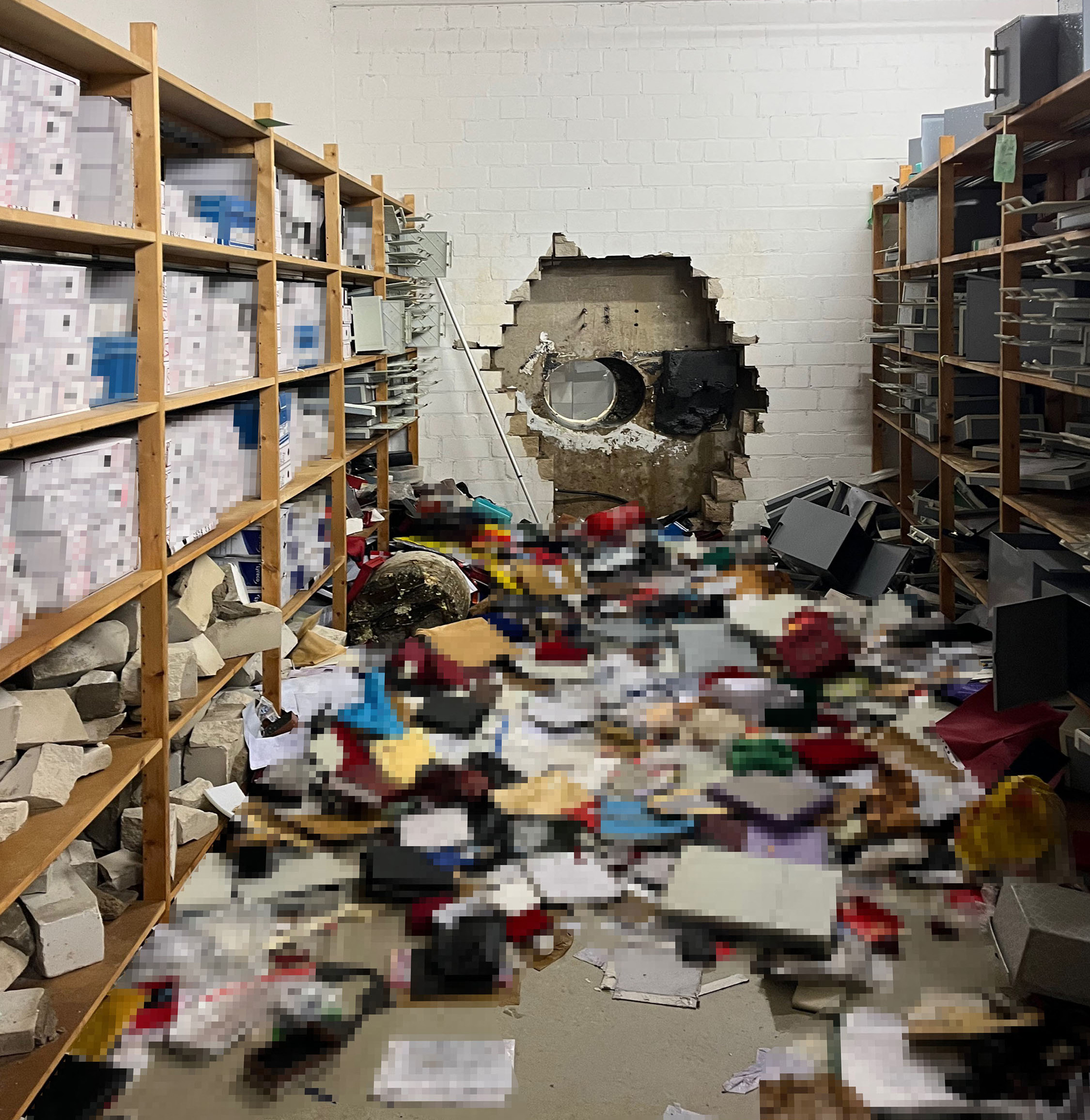 This handout photo taken on December 29, 2025 in Gelsenkirchen, western Germany, and handed out by the Police Gelsenkirchen shows a giant hole in a wall of the bank vault of a Sparkasse bank branch after the unknown perpetrator(s) broke in during the Christmas holidays.
