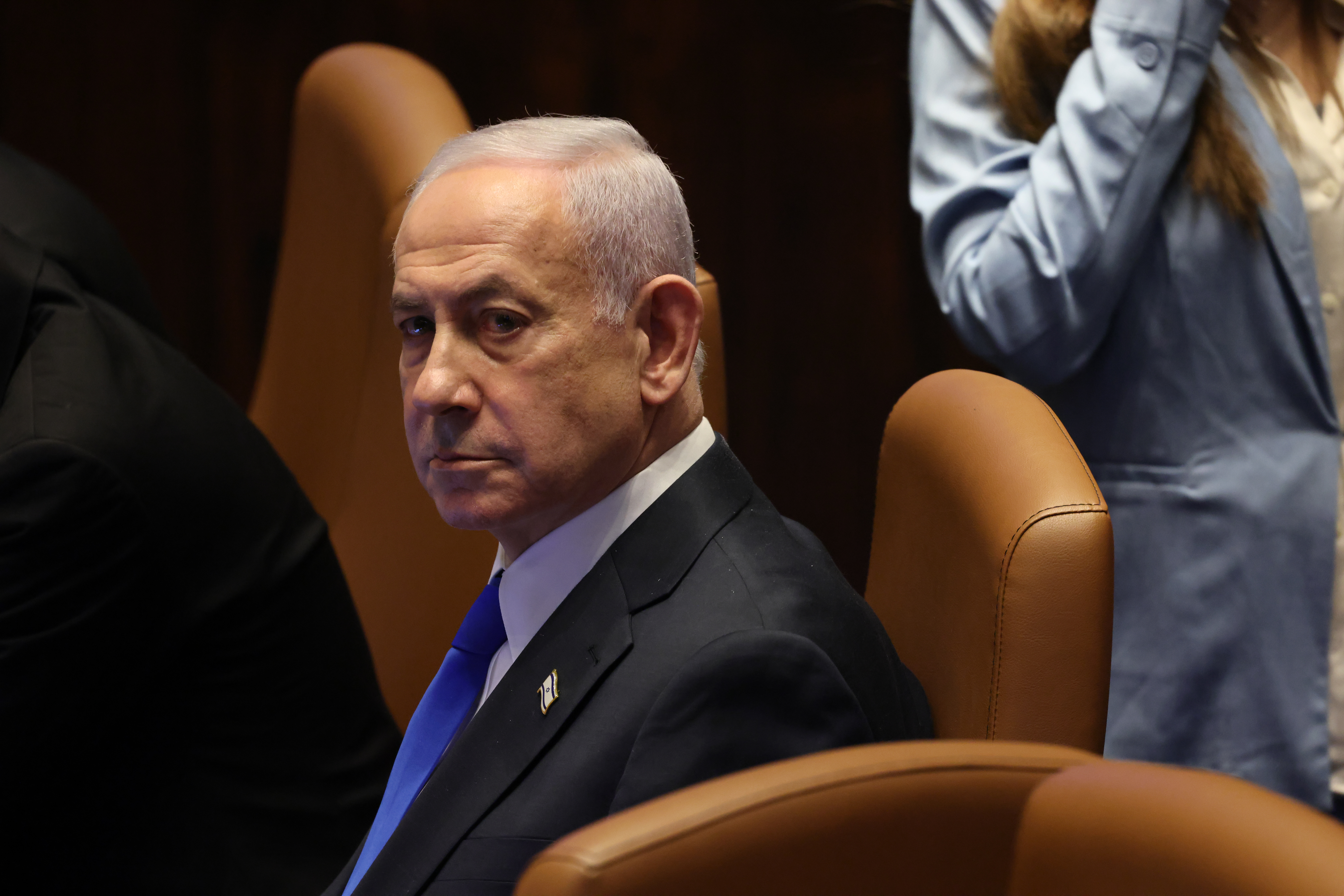 epa12579012 Israeli Prime Minister Benjamin Netanyahu attends a plenary session of the Knesset, the Israeli parliament, in Jerusalem, 08 December 2025. The session included a 40-signature debate initiated by the opposition regarding Israel's international status. EPA/ABIR SULTAN