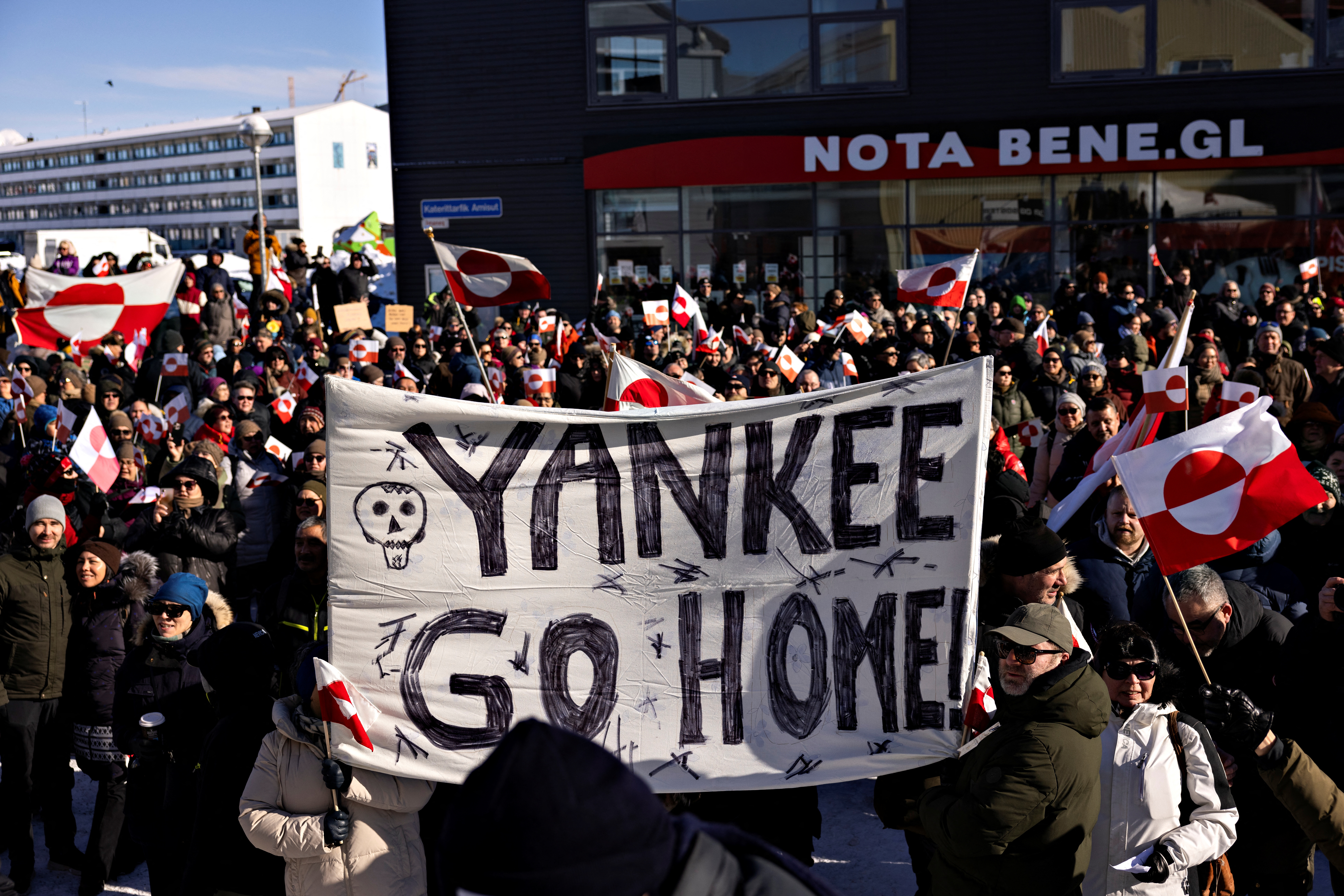 Protesters take part in a a demonstration march ending in front of the U.S. consulate, under the slogan, Greenland belongs to the Greenlandic people, in Nuuk, Greenland, March 15, 2025. [Christian Klindt Soelbeck/Ritzau Scanpix/via Reuters]