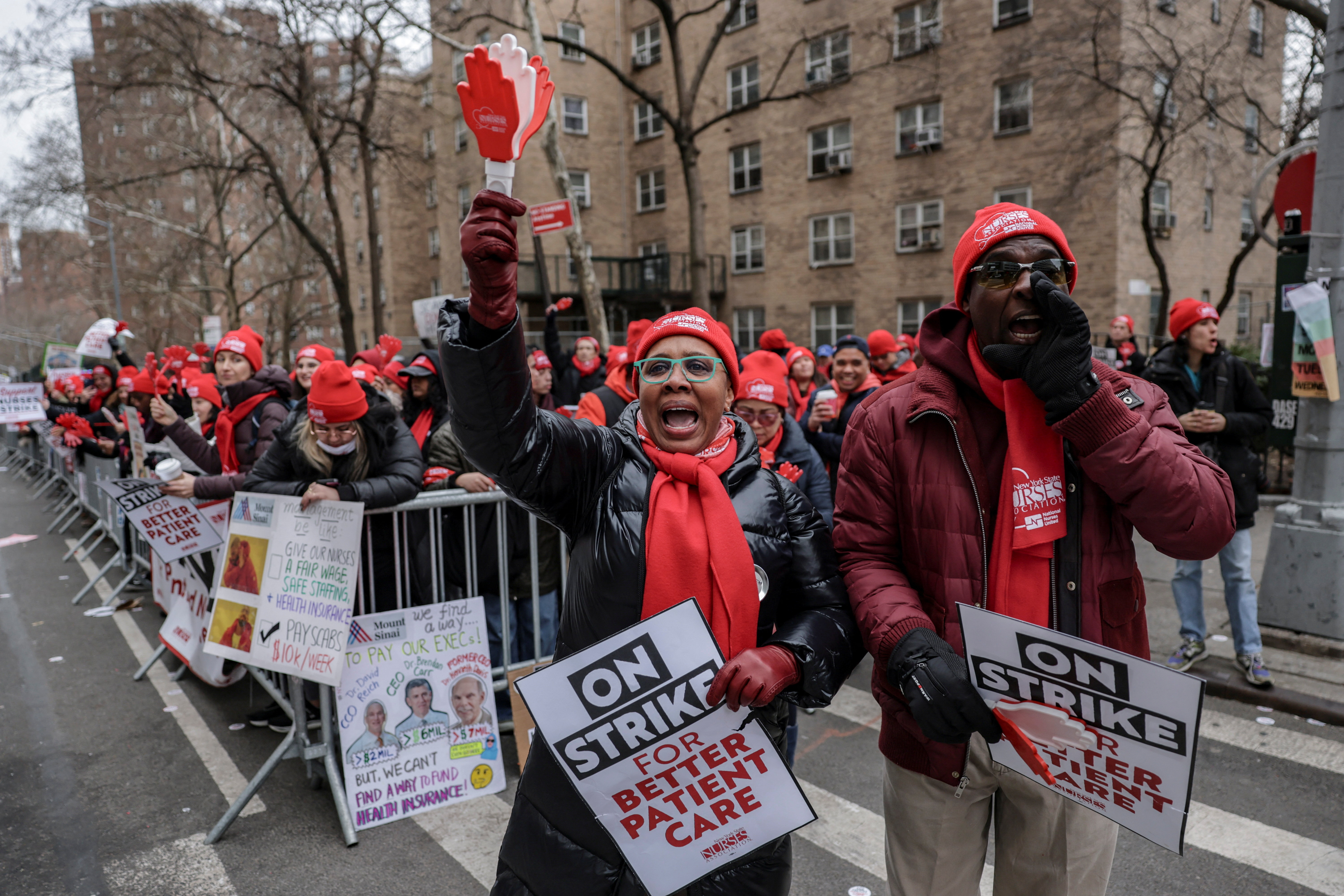 Members of the New York State Nurses Association union picket outside Mount Sinai Hospital, during their strike in New York City