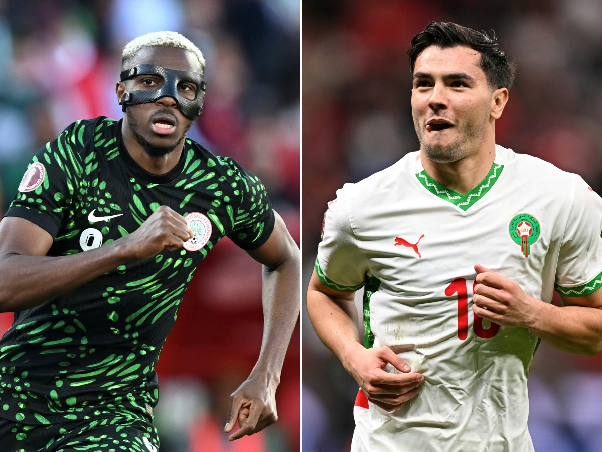 This combination of pictures created on January 13, 2026 shows Nigeria's forward #09 Victor Osimhen (L) during the Africa Cup of Nations (CAN) in Marrakesh on January 10, 2026 and Morocco's forward #10 Brahim Diaz during the Africa Cup of Nations (CAN) in Rabat on January 9