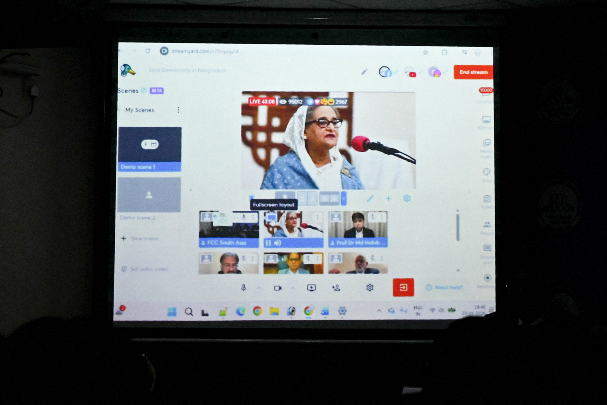 Bangladesh's former prime minister Sheikh Hasina addresses the media virtually in New Delhi on January 23, 2026, ahead of upcoming national election. Bangladesh's fugitive ex-leader Sheikh Hasina said on January 23 that elections next month would not be free and fair, her first public speech since she was sentenced to death in absentia for crimes against humanity. The speech, delivered in India's capital, is likely to infuriate Dhaka. Ties between the neighbours have soured since Hasina was ousted in August 2024 and fled to New Delhi. (Photo by Arun SANKAR / AFP)