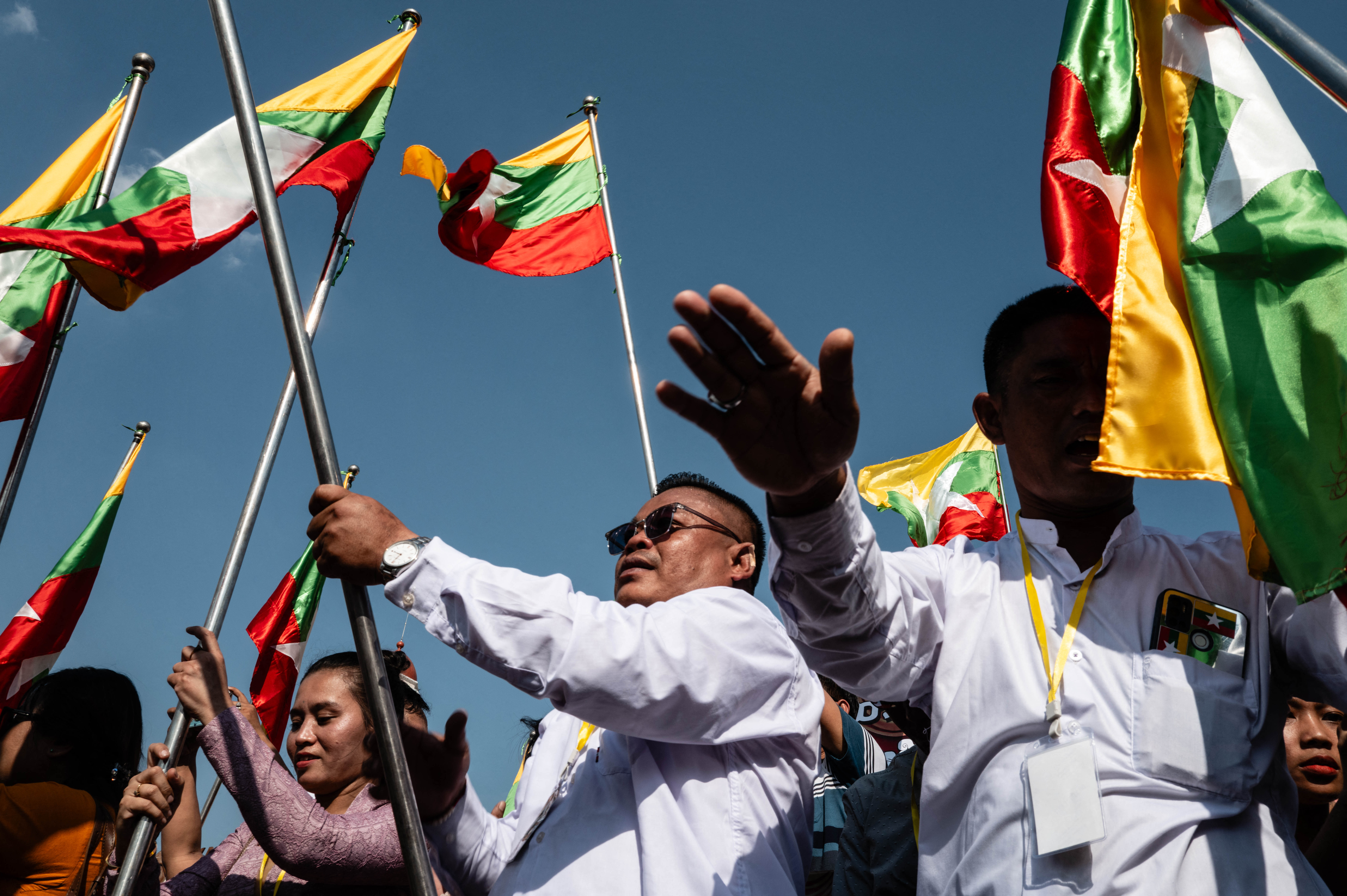 Myanmar nationalists rally against the countrys prosecution for genocide against the Rohingya minority at the International Court of Justice, in downtown Yangon on January 27, 2026. Hundreds of Myanmar nationalists on January 27 protested the country's prosecution for genocide against the Rohingya minority, in a rare public rally permitted by military authorities accused of the mass atrocities. (Photo by ANTHONY WALLACE / AFP)