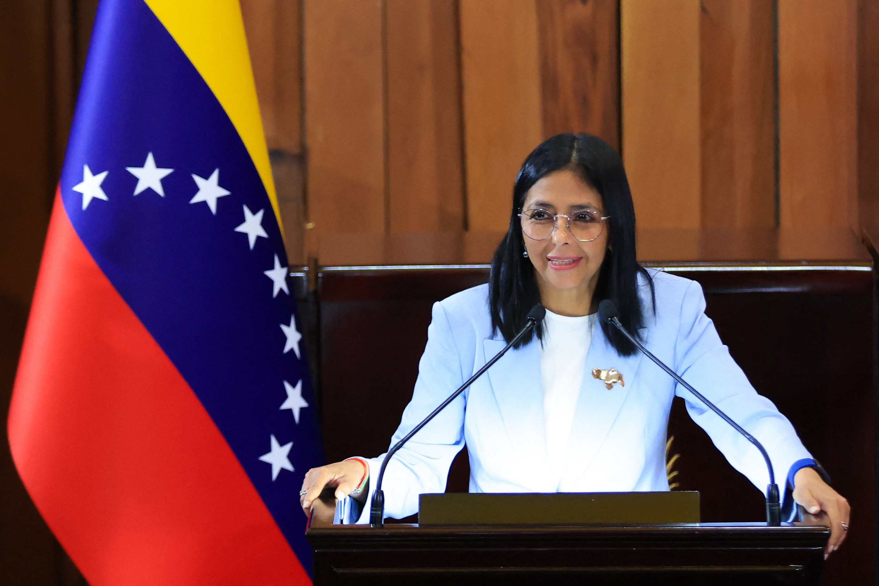 Venezuela's interim President Delcy Rodriguez giving a speech.