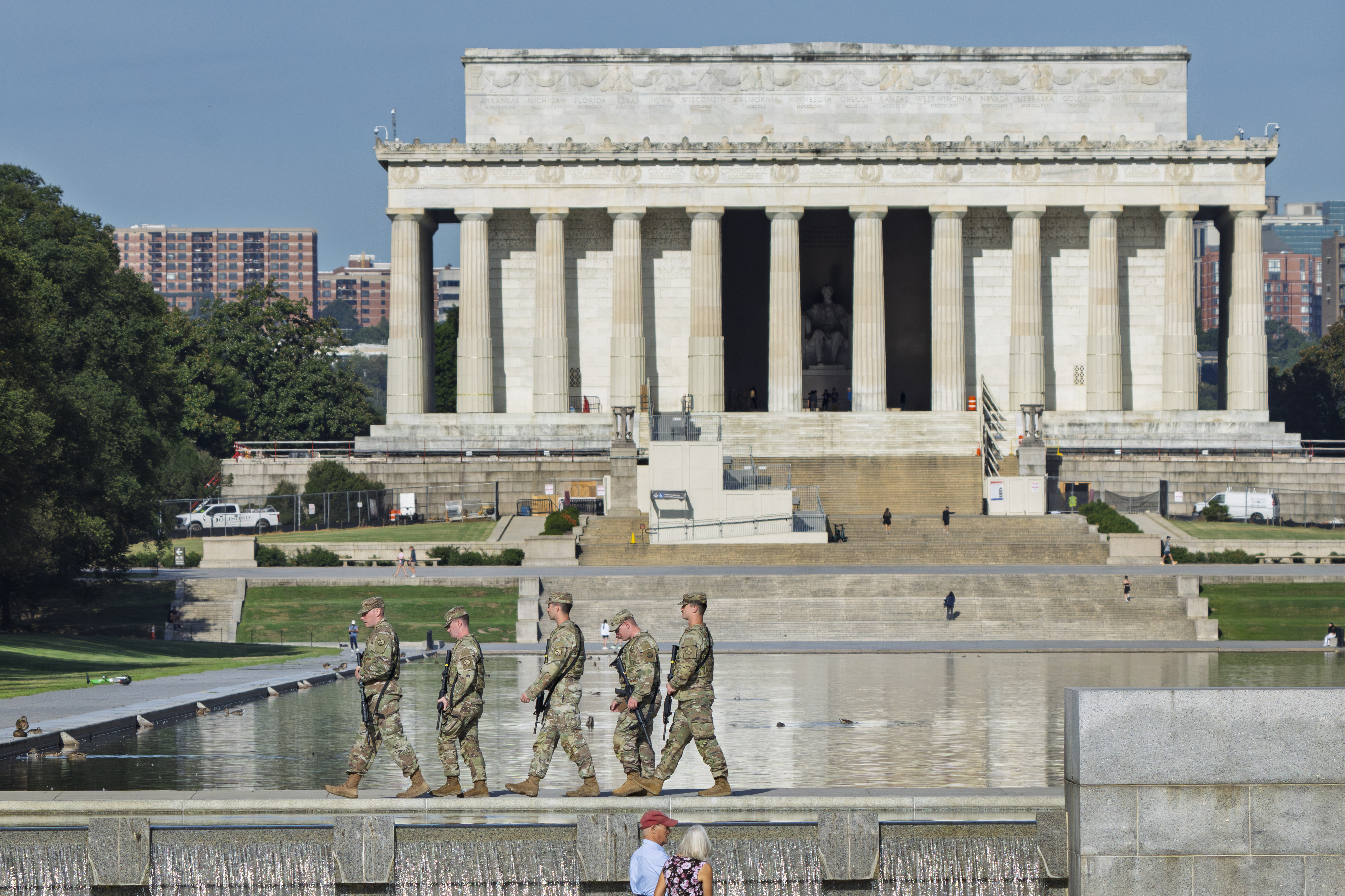 Troops patrol in front of Lincoln Memorial