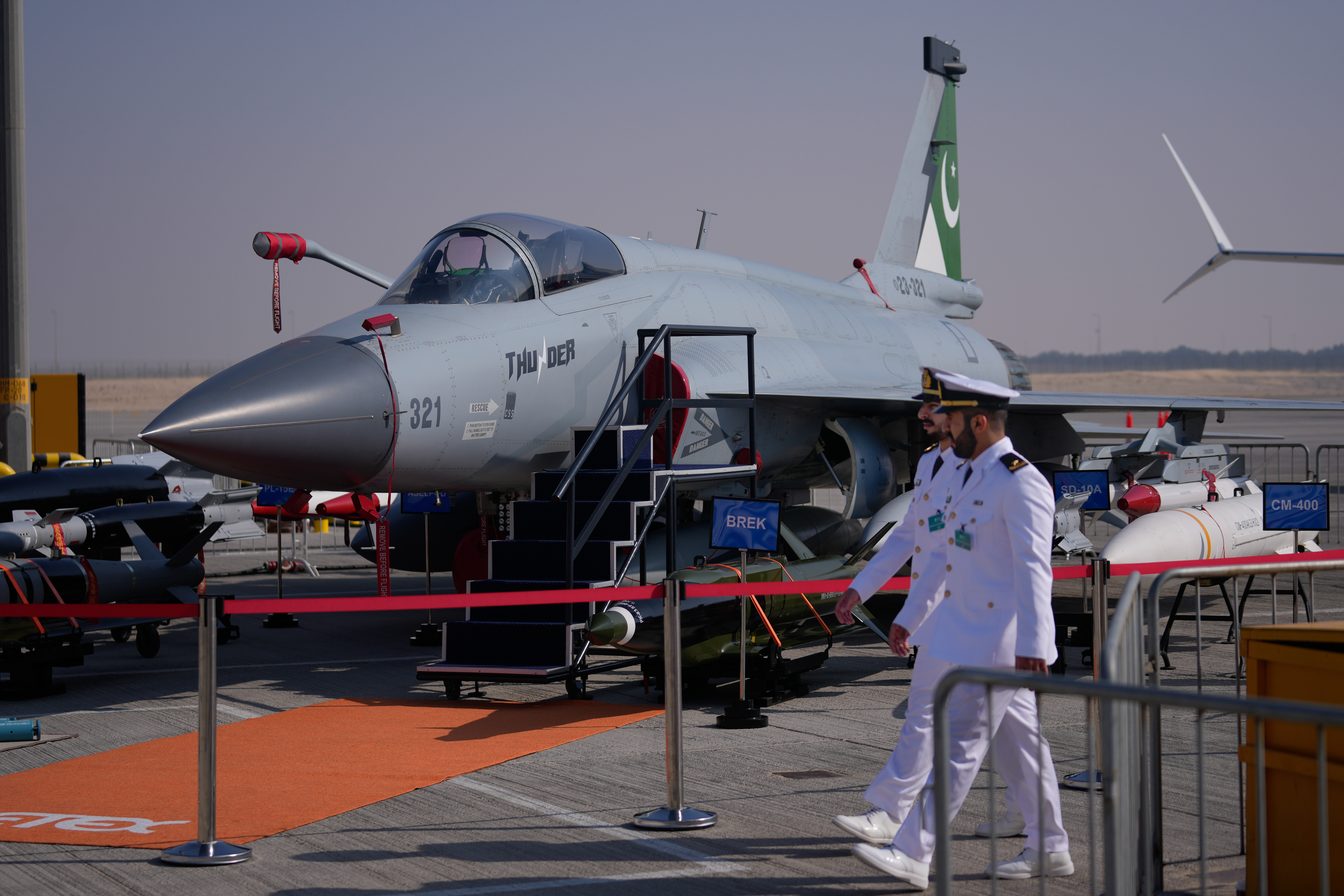 A Pakistani Air Force JF-17 Thunder is on display at the Dubai Airshow.