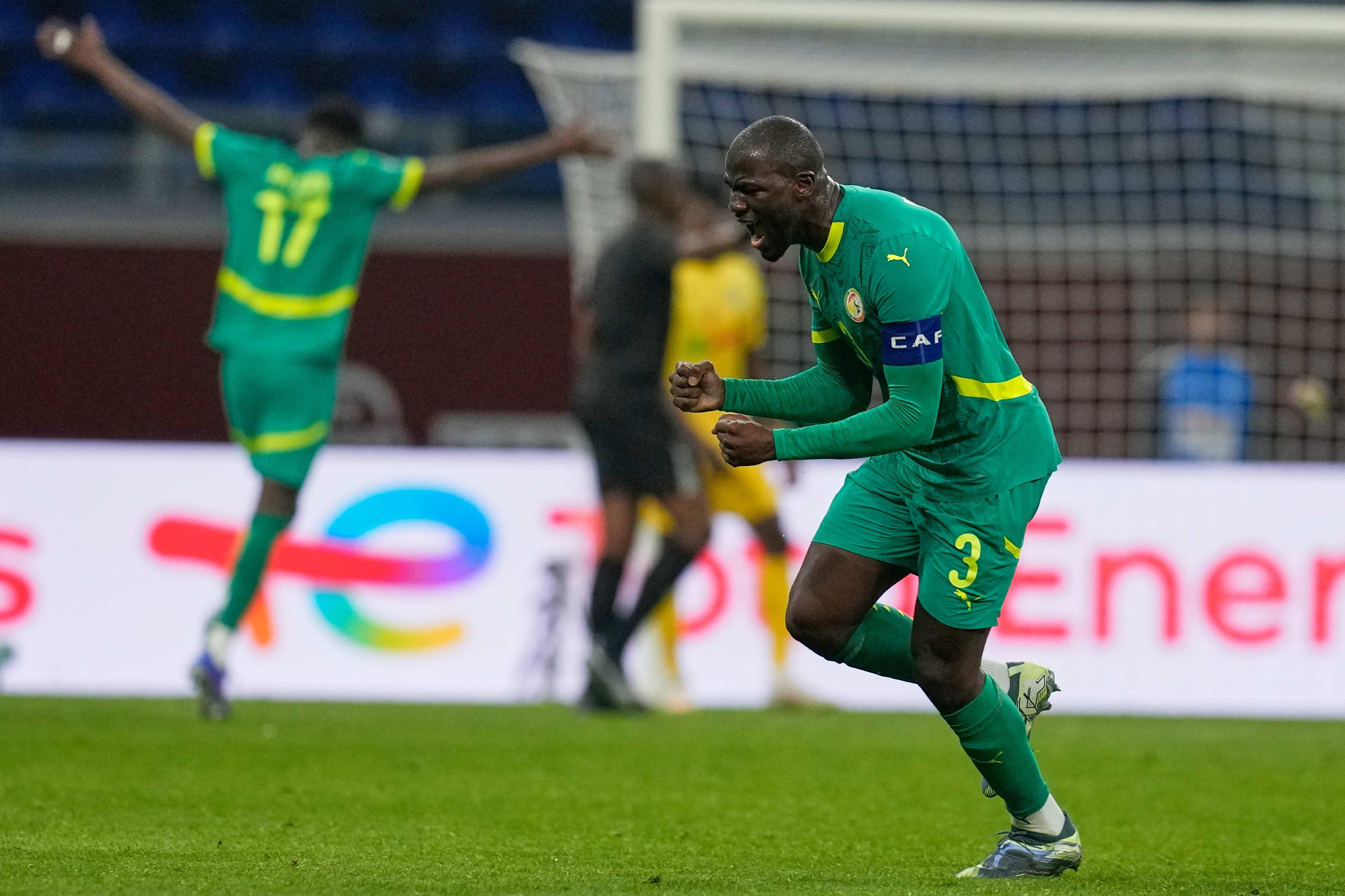 Senegal's Kalidou Koulibaly celebrates the second goal during the Africa Cup of Nations group D soccer match between Benin and Senegal in Tangier, Morocco, Tuesday, Dec. 30, 2025. (AP Photo/Themba Hadebe)
