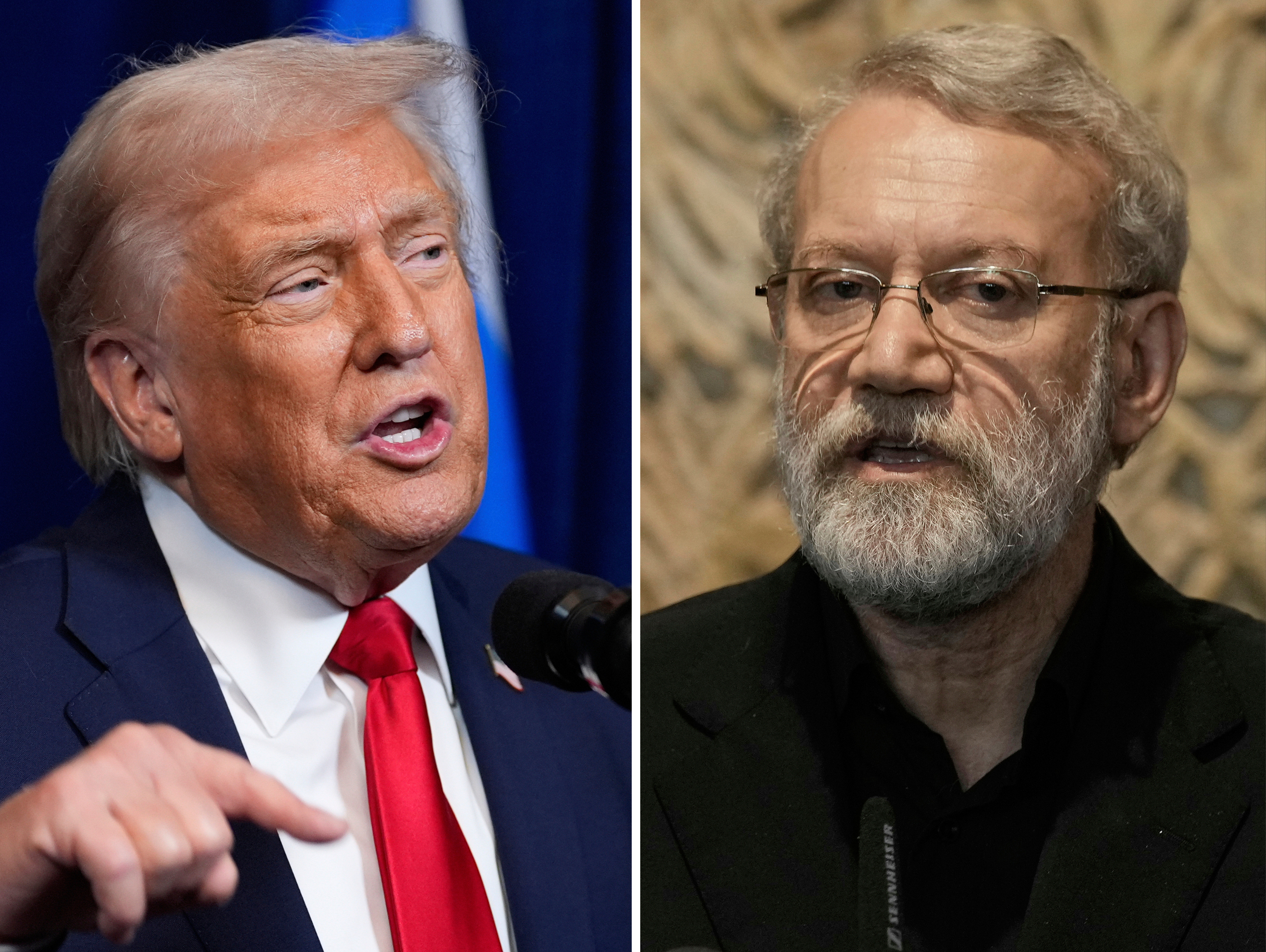 This combo shows President Donald Trump and Iranian Secretary of Supreme National Security Council Ali Larijani in separate frames