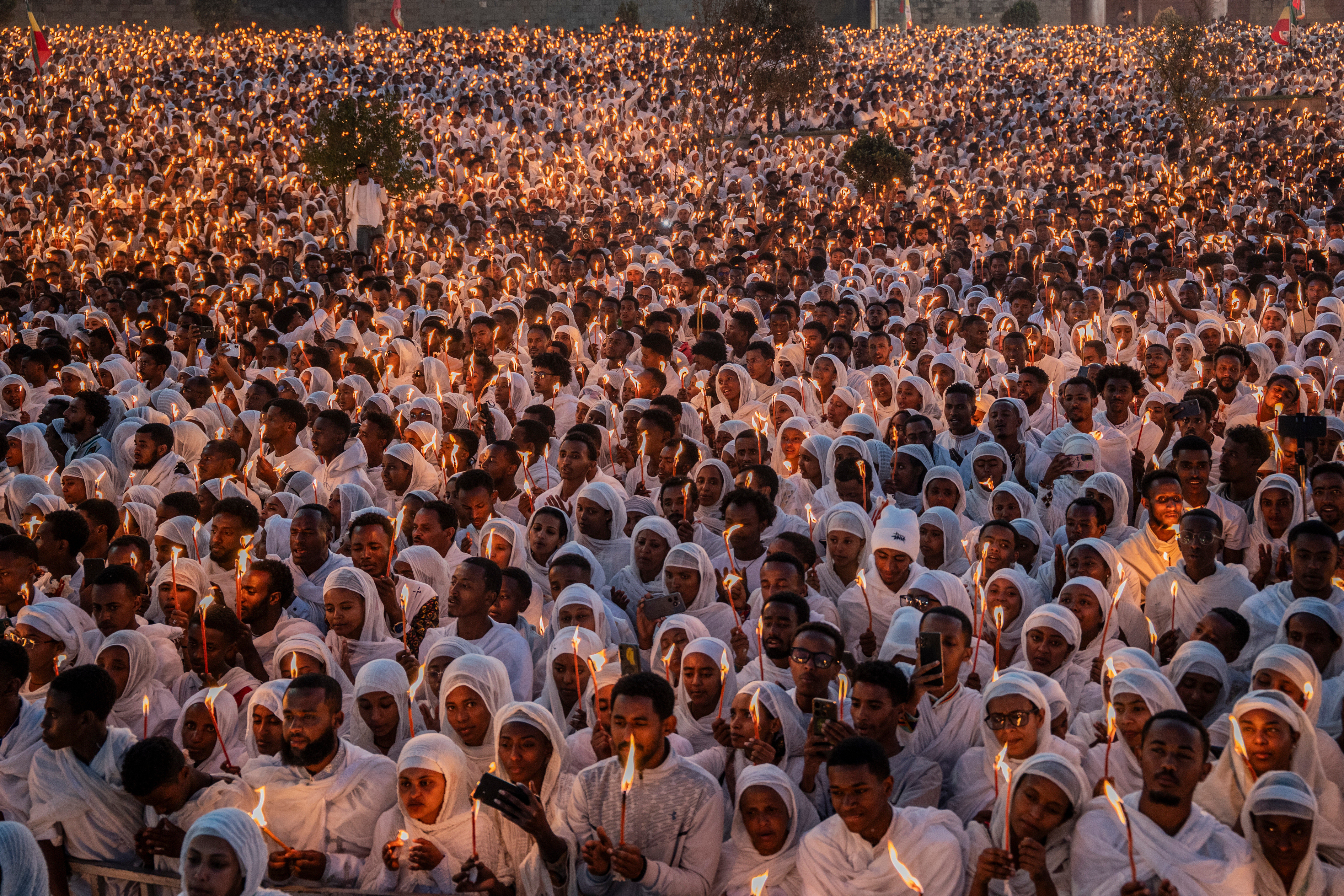 Worshippers gather on the eve of the Ethiopian Orthodox Christmas, hosted by the Ethiopian Jandereba Generation, at Meskel Square in Addis Ababa, Ethiopia