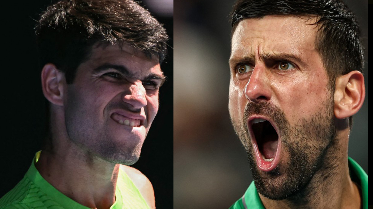 Combination photo of Alcaraz and Djokovic.