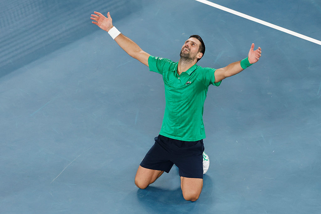 Novak Djokovic of Serbia celebrates his victory in the Men's Singles Semifinal against Jannik Sinner of Italy