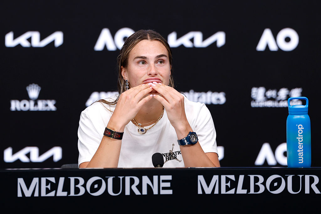 Aryna Sabalenka speaks to the media at a press conference following her Women's Singles Final loss to Elena Rybakina