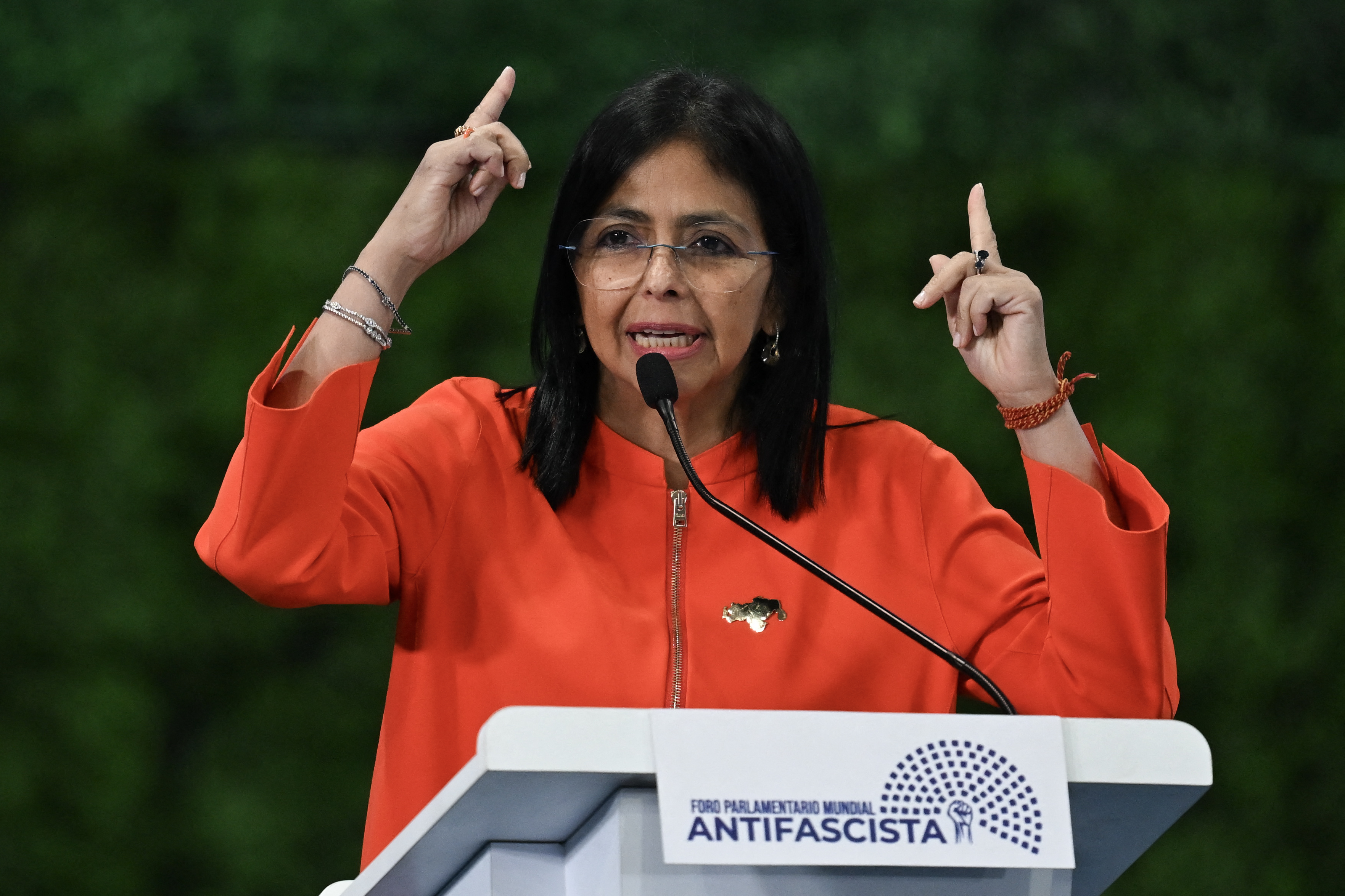 (FILES) Venezuela's Vice President Delcy Rodriguez speaks during the Antifascist Global Parliamentary Forum in Caracas on November 5, 2024.