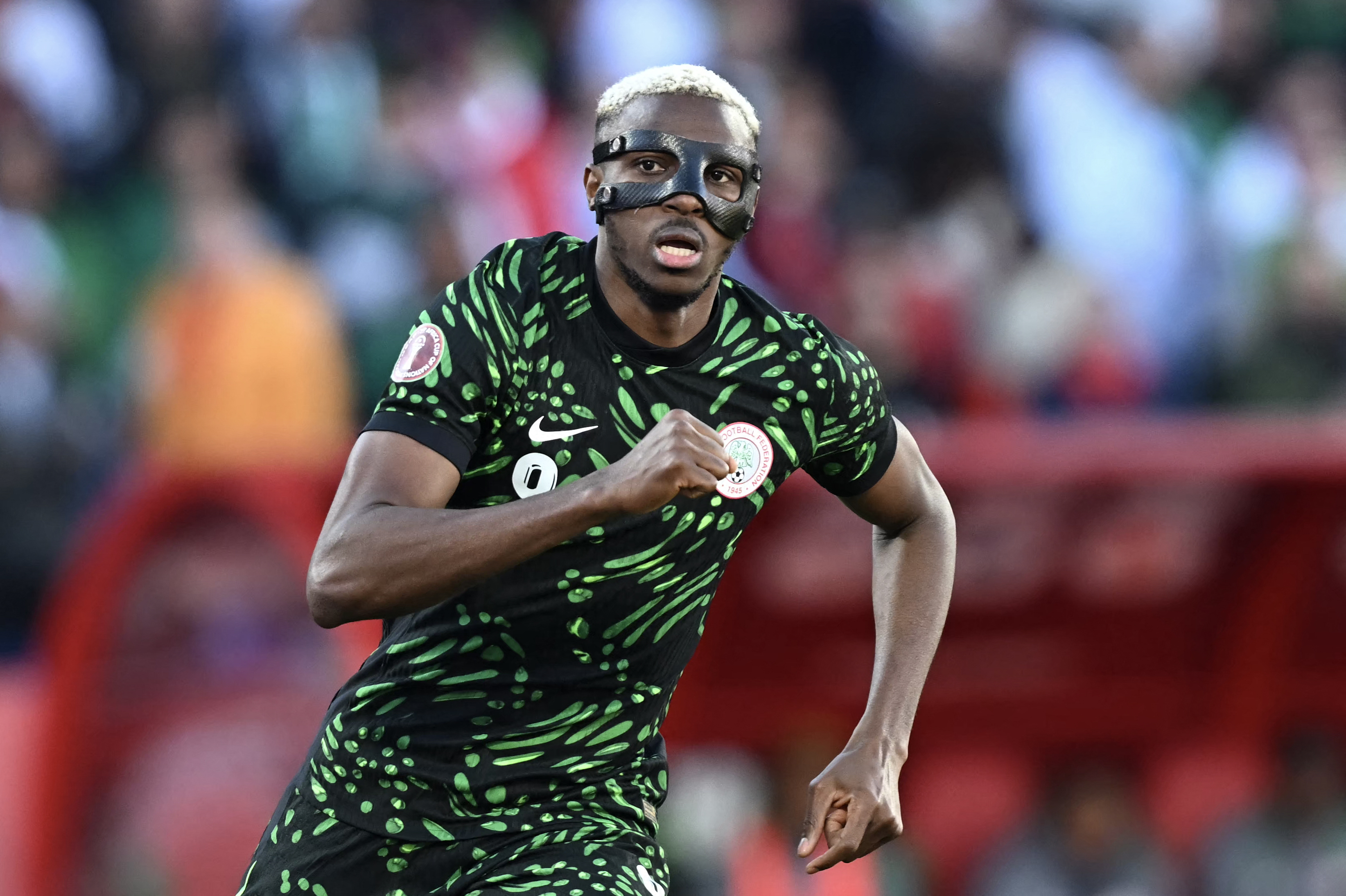 Nigeria's forward #09 Victor Osimhen during the Africa Cup of Nations (CAN) quarter-final football match between Algeria and Nigeria at the Grand stadium in Marrakesh on January 10, 2026.