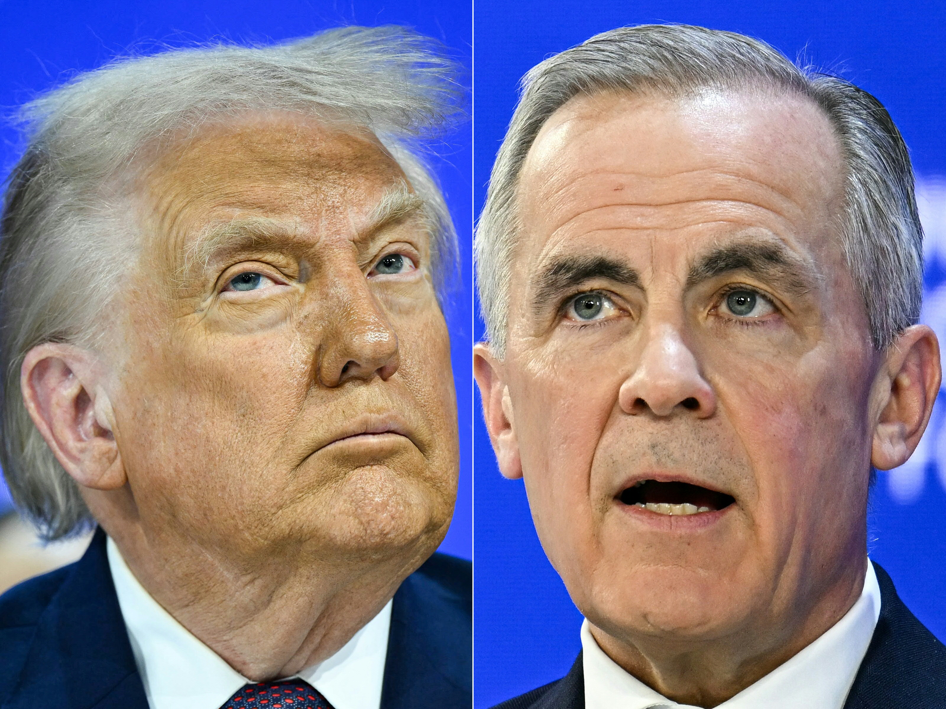 (COMBO) This combination of pictures created on January 24, 2026 shows, L/R, US President Donald Trump in Davos on January 22, 2026 and Canada's Prime Minister Mark Carney in Davos on January 20, 2026.