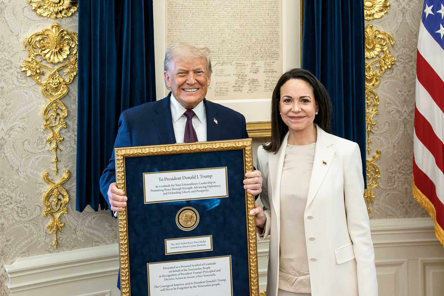 epa12652843 ​A handout photo made available by the White House shows US President Donald Trump (L) and Venezuelan opposition leader Maria Corina Machado (R) during their meeting in the Oval Office in Washington, DC, USA, 15 January 2026 (issued 16 January 2026). Maria Corina Machado presented her Nobel Peace Prize medal to US President Donald Trump during their meeting at the White House. EPA/WHITE HOUSE / DANIEL TOROK HANDOUT HANDOUT EDITORIAL USE ONLY/NO SALES