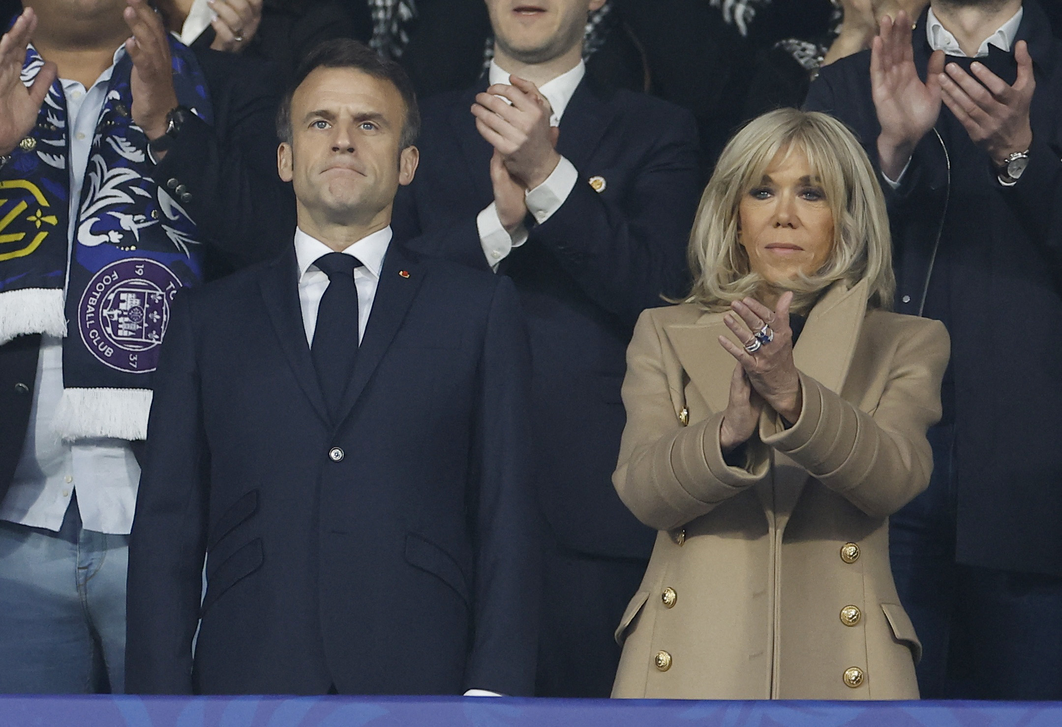 Soccer Football - Coupe de France - Final - Nantes v Toulouse - Stade de France, Saint-Denis, France - April 29, 2023 French President Emmanuel Macron and his wife Brigitte Macron are seen in the presidential box before the match REUTERS/Christian Hartmann