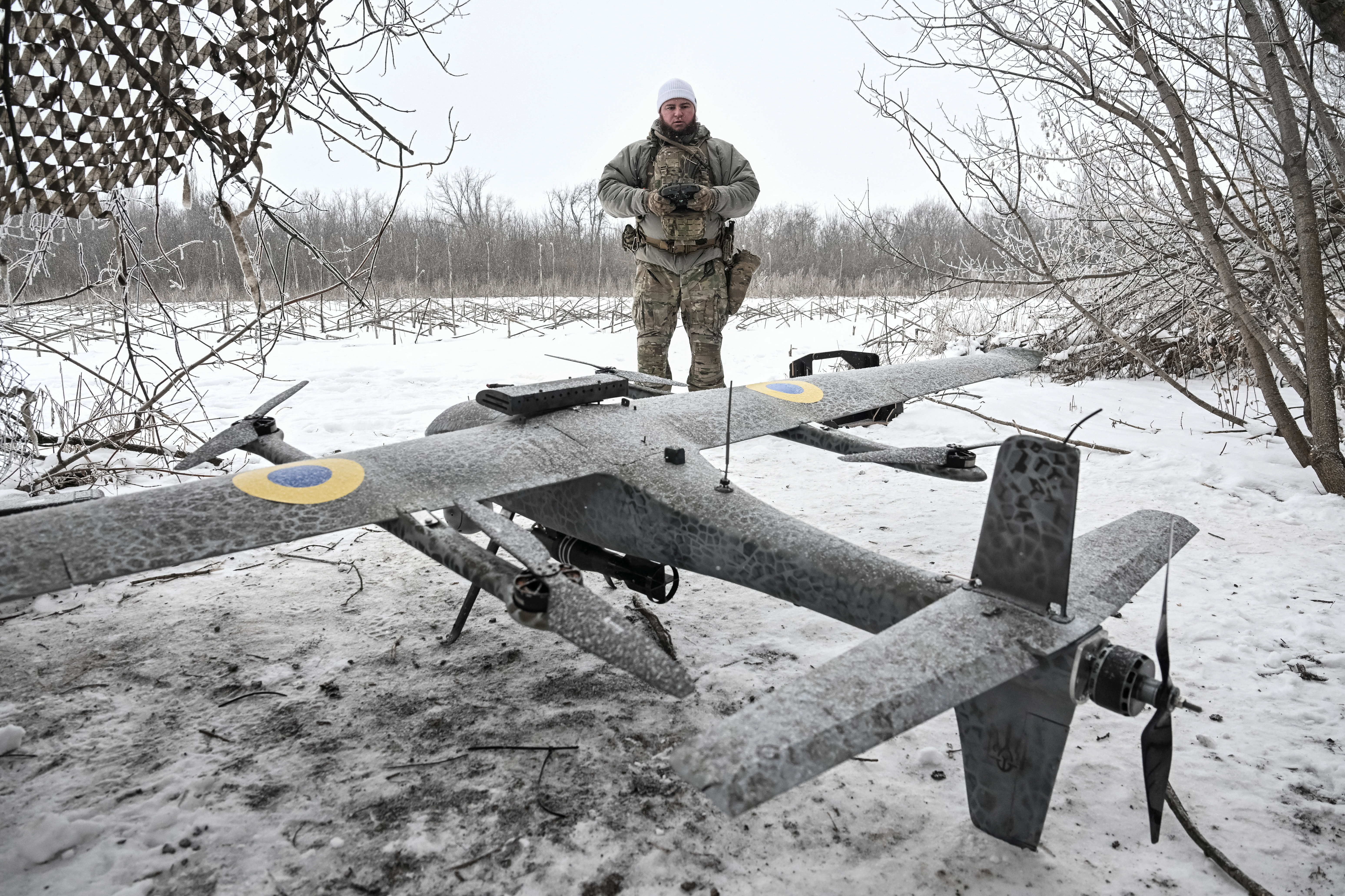 A member of the National Police Special Purpose Battalion of Zaporizhzhia region prepares a Gara combat drone before flying over positions of Russian troops, amid Russia's attack on Ukraine, near the frontline town of Pokrovsk in Donetsk region, Ukraine January 23, 2026. REUTERS/Stringer