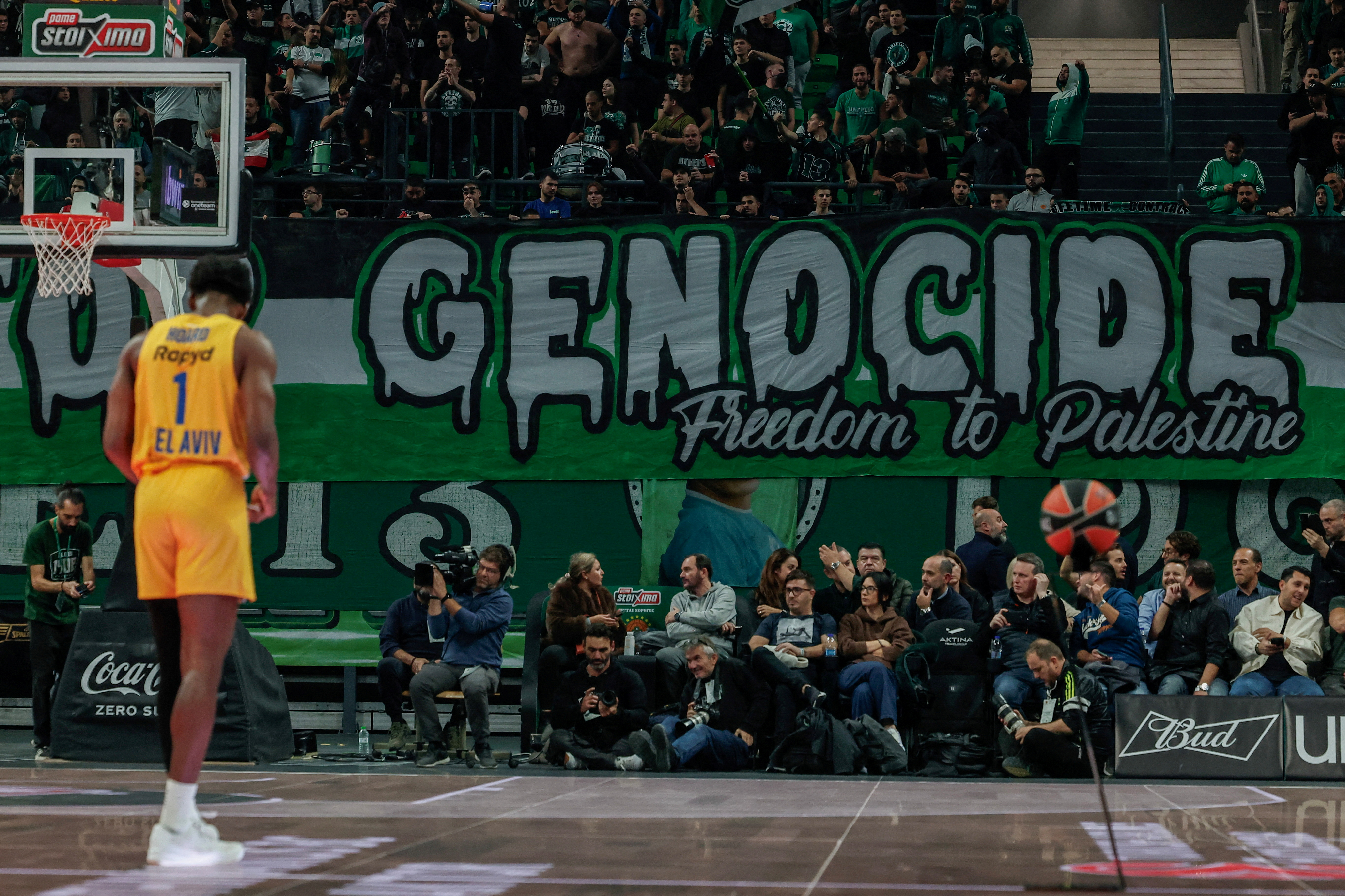 Panathinaikos fans raise a banner on the day of their Euroleague game against Maccabi Tel Aviv at the OAKA Indoor Stadium, in Athens, Greece, November 12, 2024. REUTERS/Alkis Konstantinidis TPX IMAGES OF THE DAY