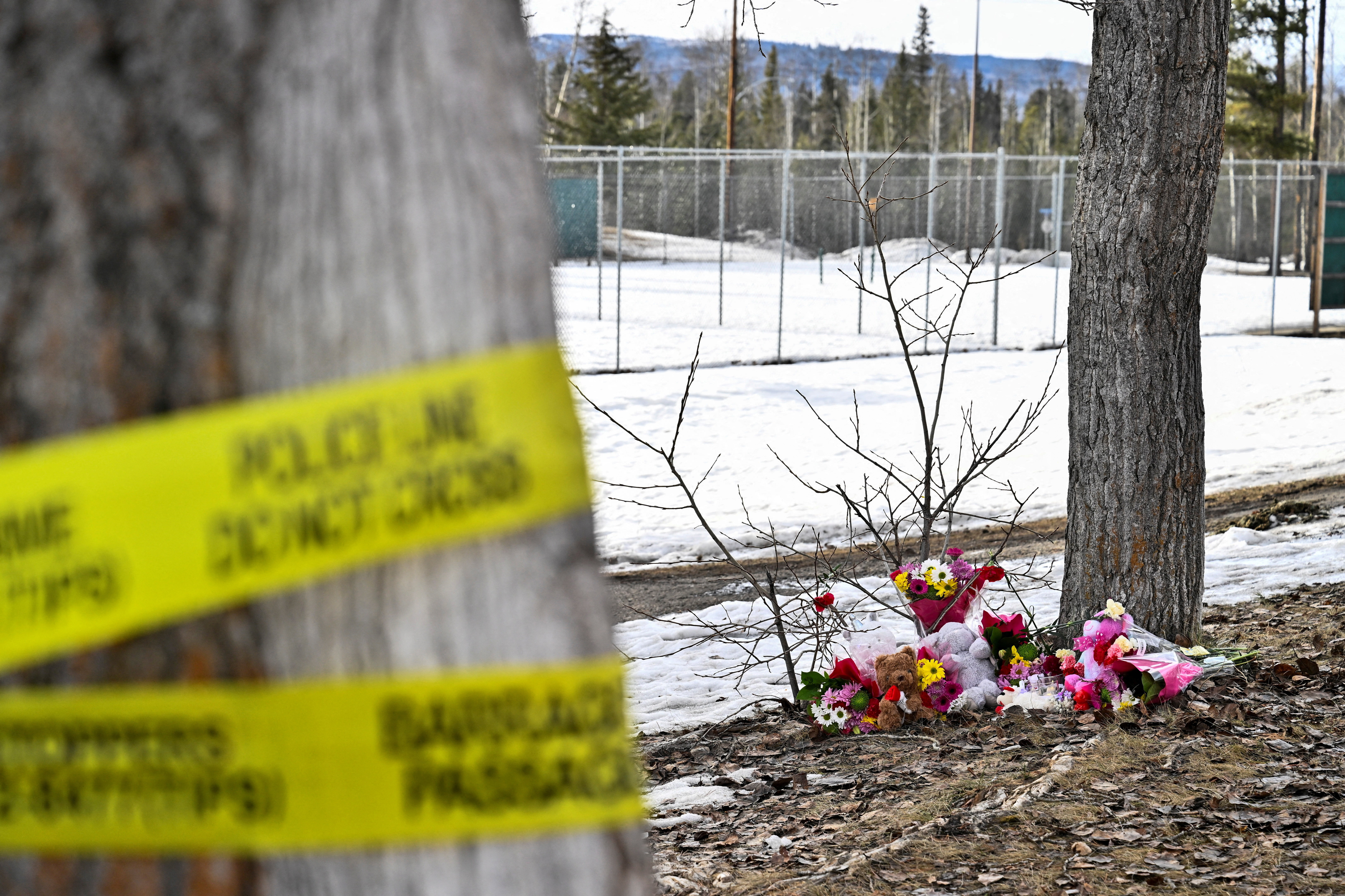 Flowers and toys lie on the ground near the site of a mass shooting at a high school, in the town of Tumbler Ridge, British Columbia, Canada