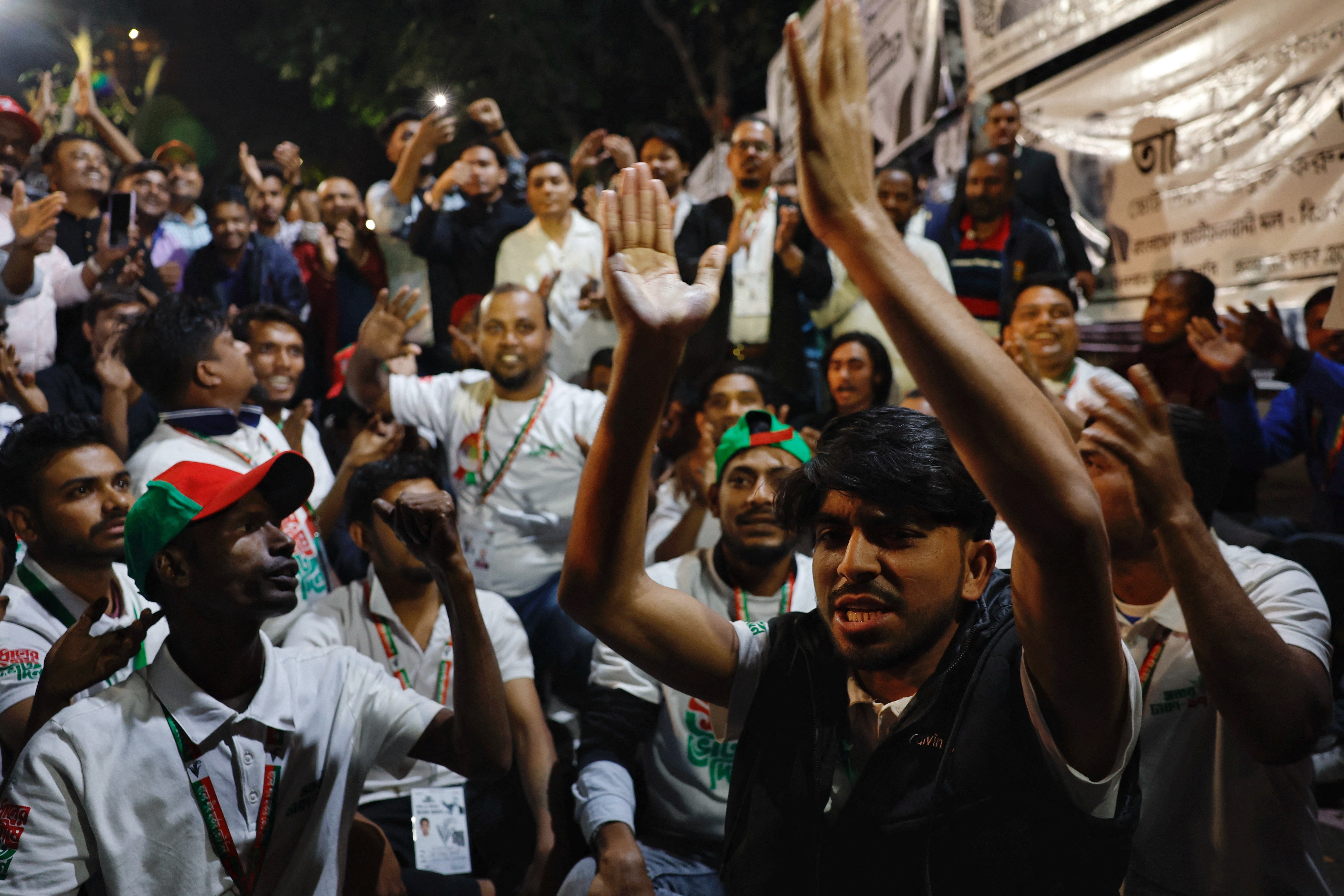 BNP supporters chant slogans as they celebrate Tarique Rahman's win