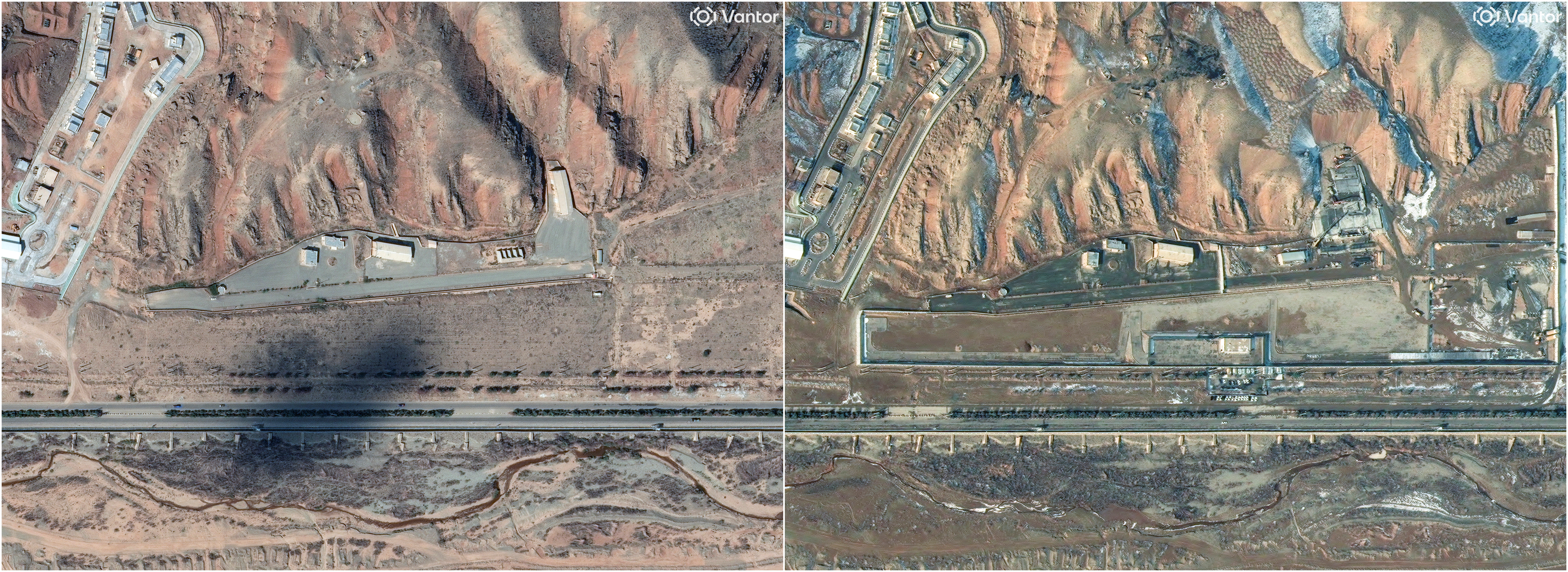 A combination picture of satellite images show the Parchin military complex before the Israeli strikes of October, 2024, in Parchin, Iran in this handout image dated October 20, 2024, (left), and concrete over the site at the Parchin military complex, in Parchin, Iran in this handout image dated January, 24, 2026,
