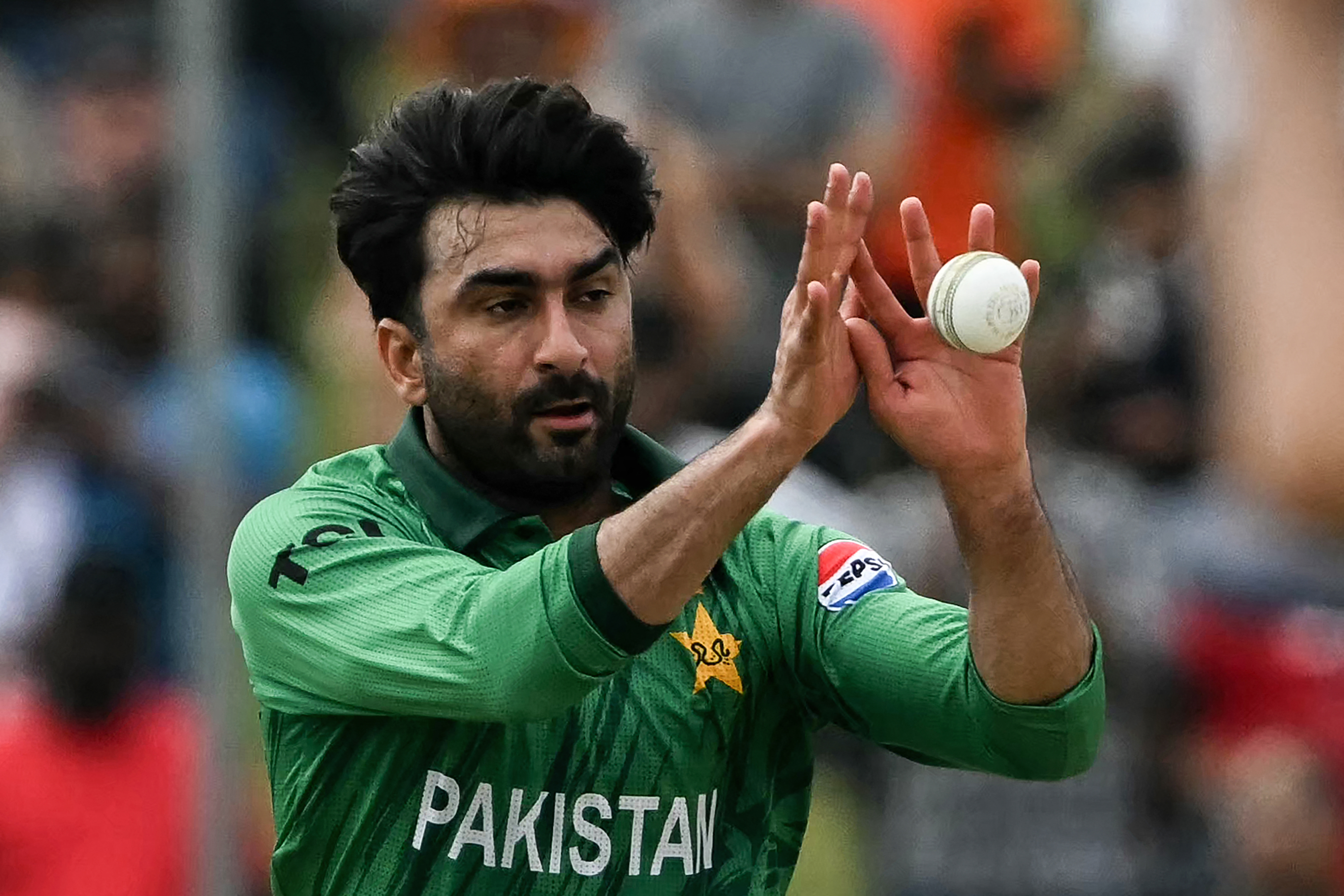 Pakistan's Salman Mirza prepares to deliver a ball during the 2026 ICC Men's T20 Cricket World Cup group stage match between Pakistan and Netherlands at the Sinhalese Sports Club (SSC) Ground in Colombo on February 7, 2026. [Ishara S. KODIKARA / AFP]