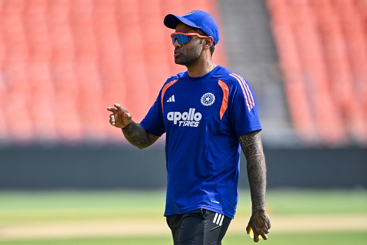 India's captain Suryakumar Yadav attends a practice session.