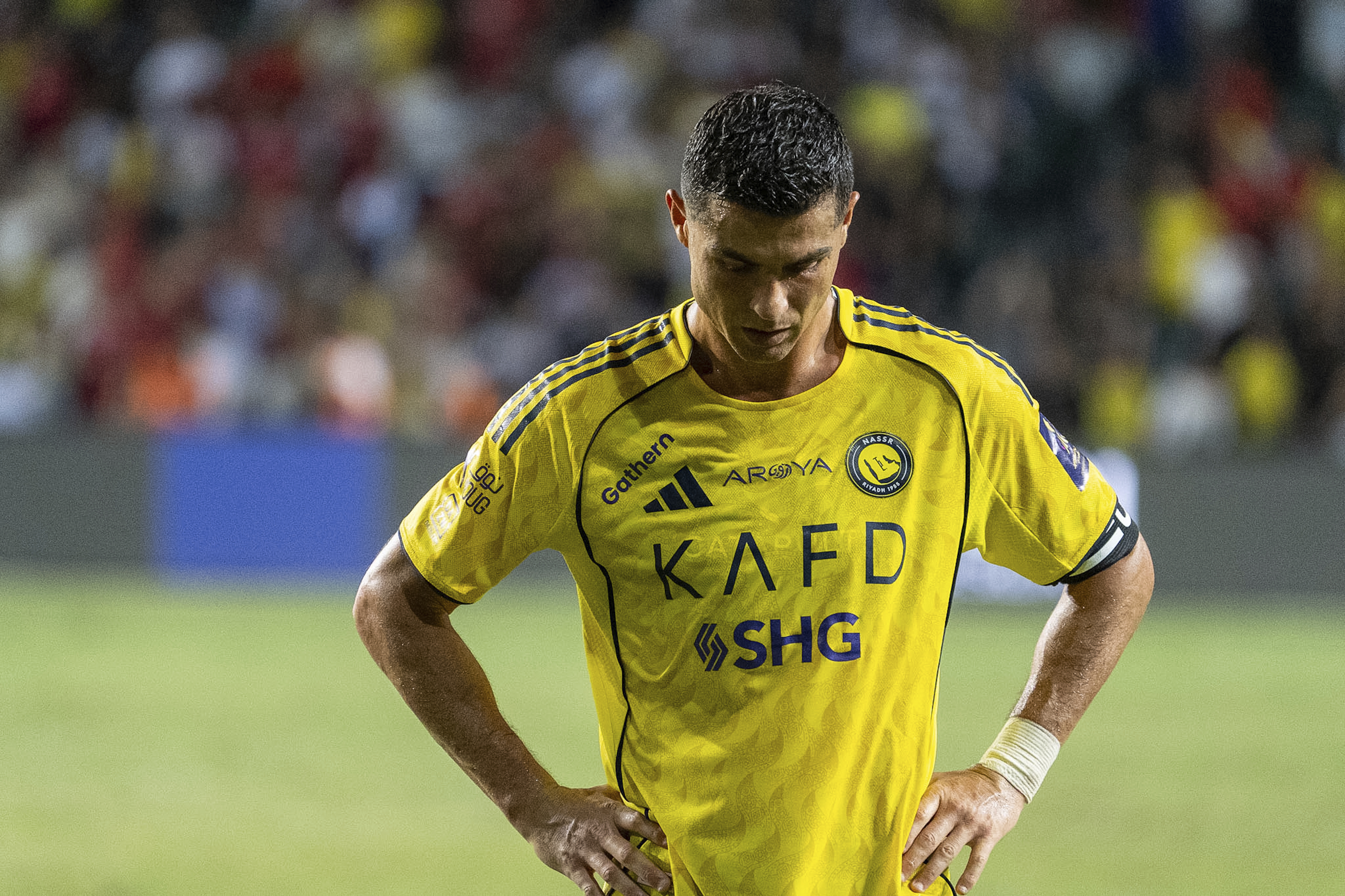 Al Nassr's Cristiano Ronaldo in action during the Saudi Super Cup final soccer match between Al Ahli and Al Nassr at the Hong Kong Stadium in Hong Kong, Saturday, Aug. 23, 2025. (AP Photo/Chan Long Hei)