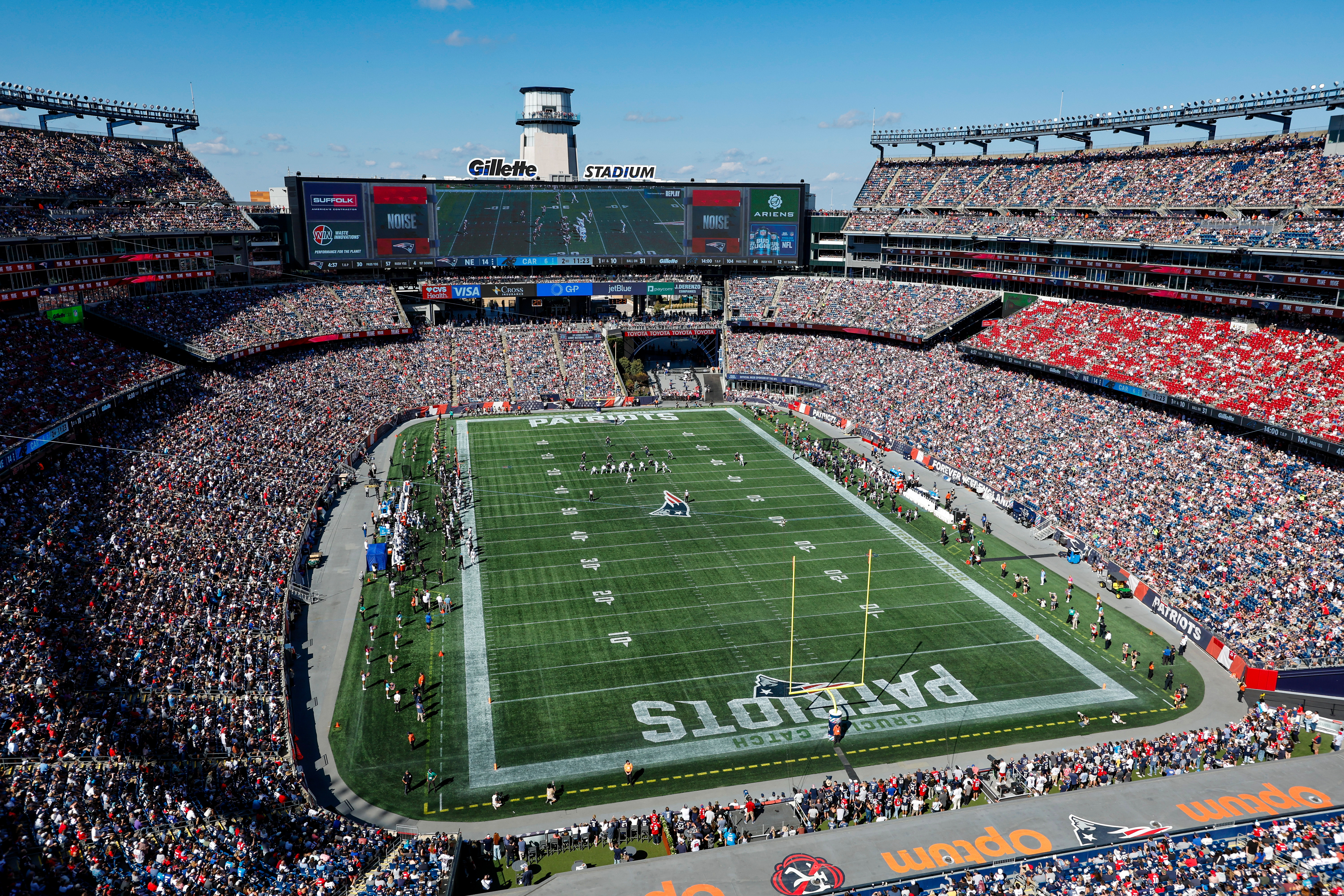 A general view of Gillette Stadium during the first half of an NFL football game between the New England Patriots and the Carolina Panthers, Sunday, Sept. 28, 2025, in Foxborough, Mass. (AP Photo/Greg M. Cooper)