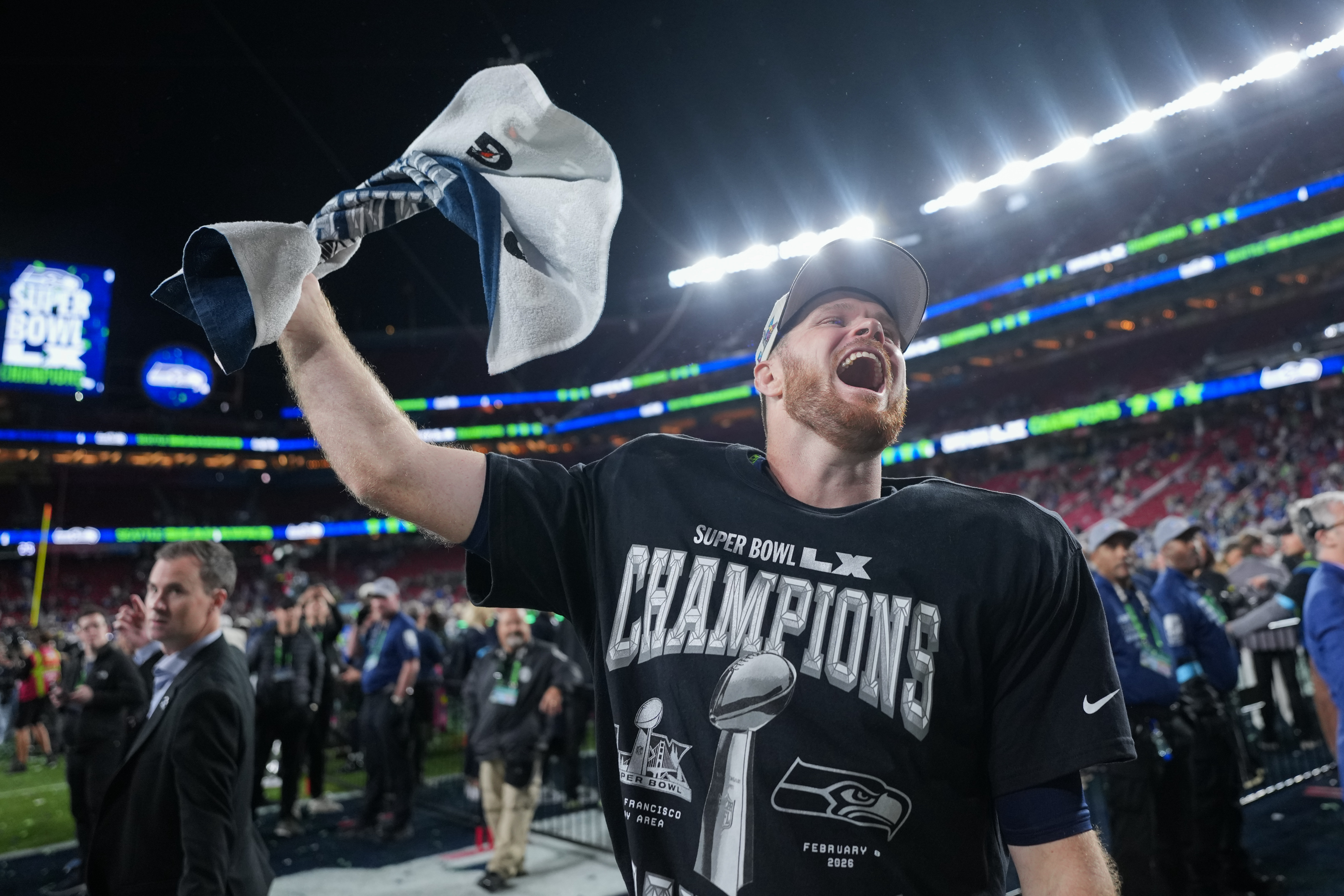 Seattle Seahawks quarterback Sam Darnold celebrates after a win over the New England Patriots in the NFL Super Bowl 60 football game, Sunday, Feb. 8, 2026, in Santa Clara, Calif. (AP Photo/Matt Slocum)