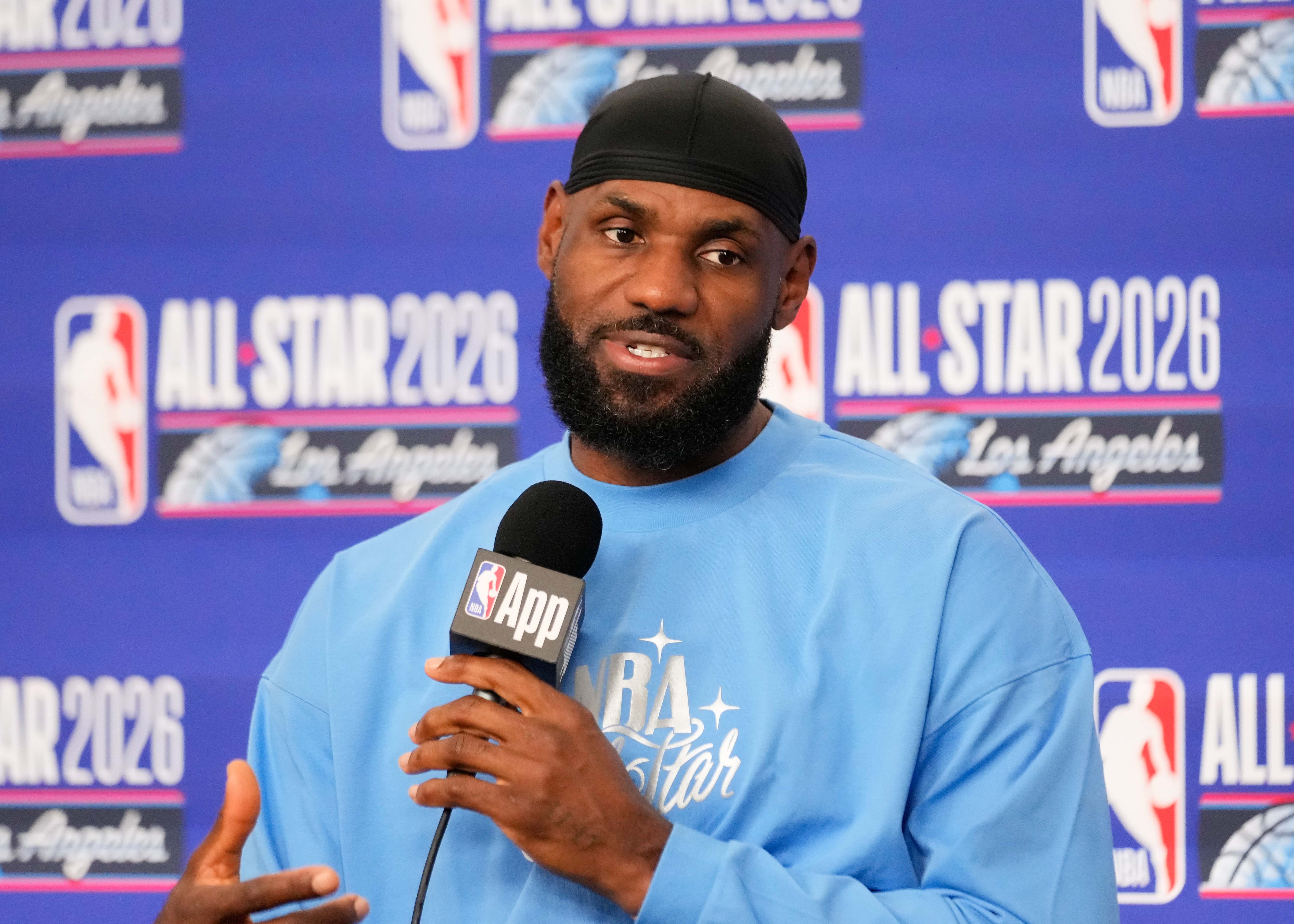 USA Stripes forward LeBron James answers questions before the NBA All-Star basketball game Sunday, Feb. 15, 2026, in Inglewood, Calif. [Mark J. Terrill/AP Photo]