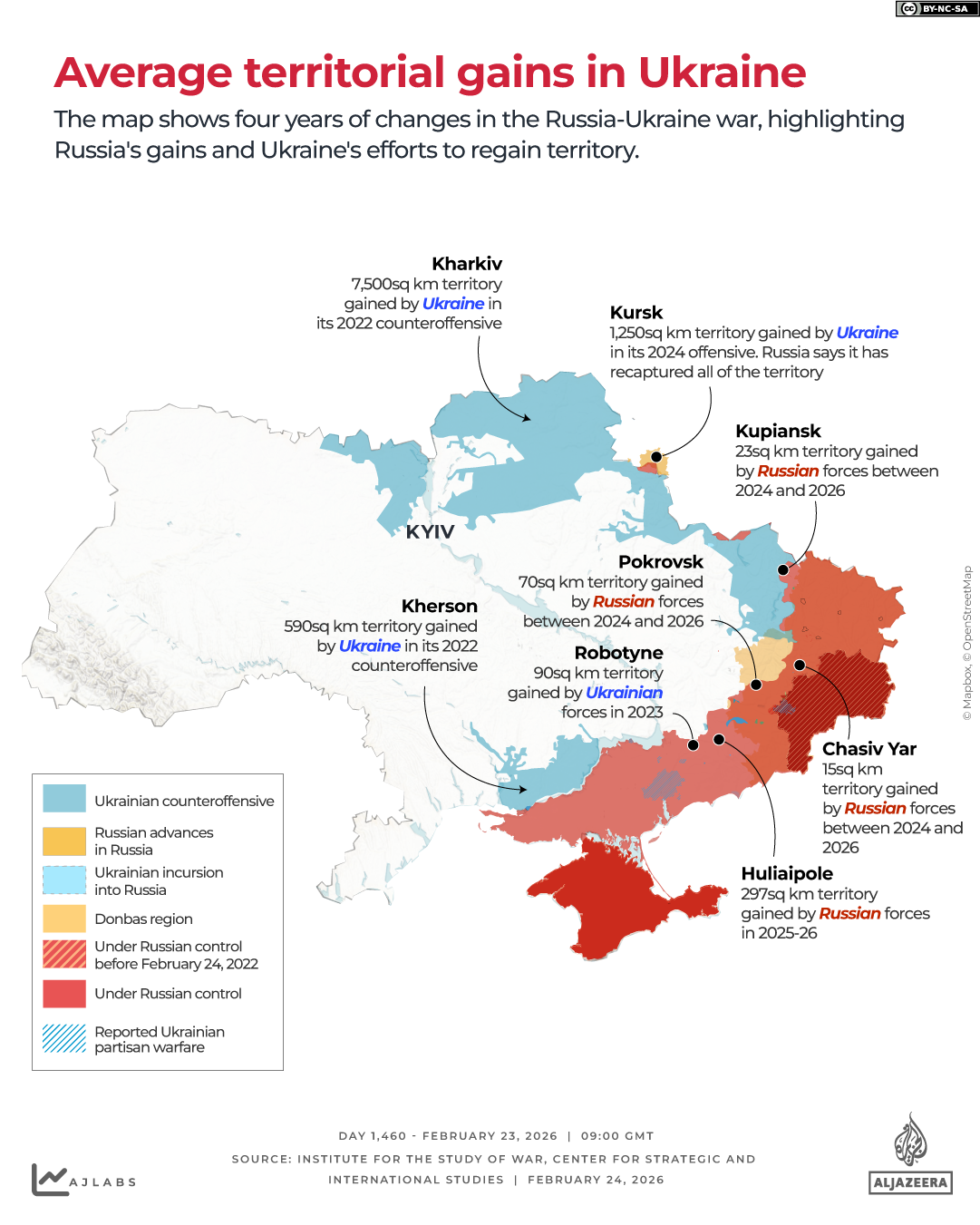 On the war’s fourth anniversary, Russia occupies 20 percent of Ukraine’s territory, but the front line shifts slowly.