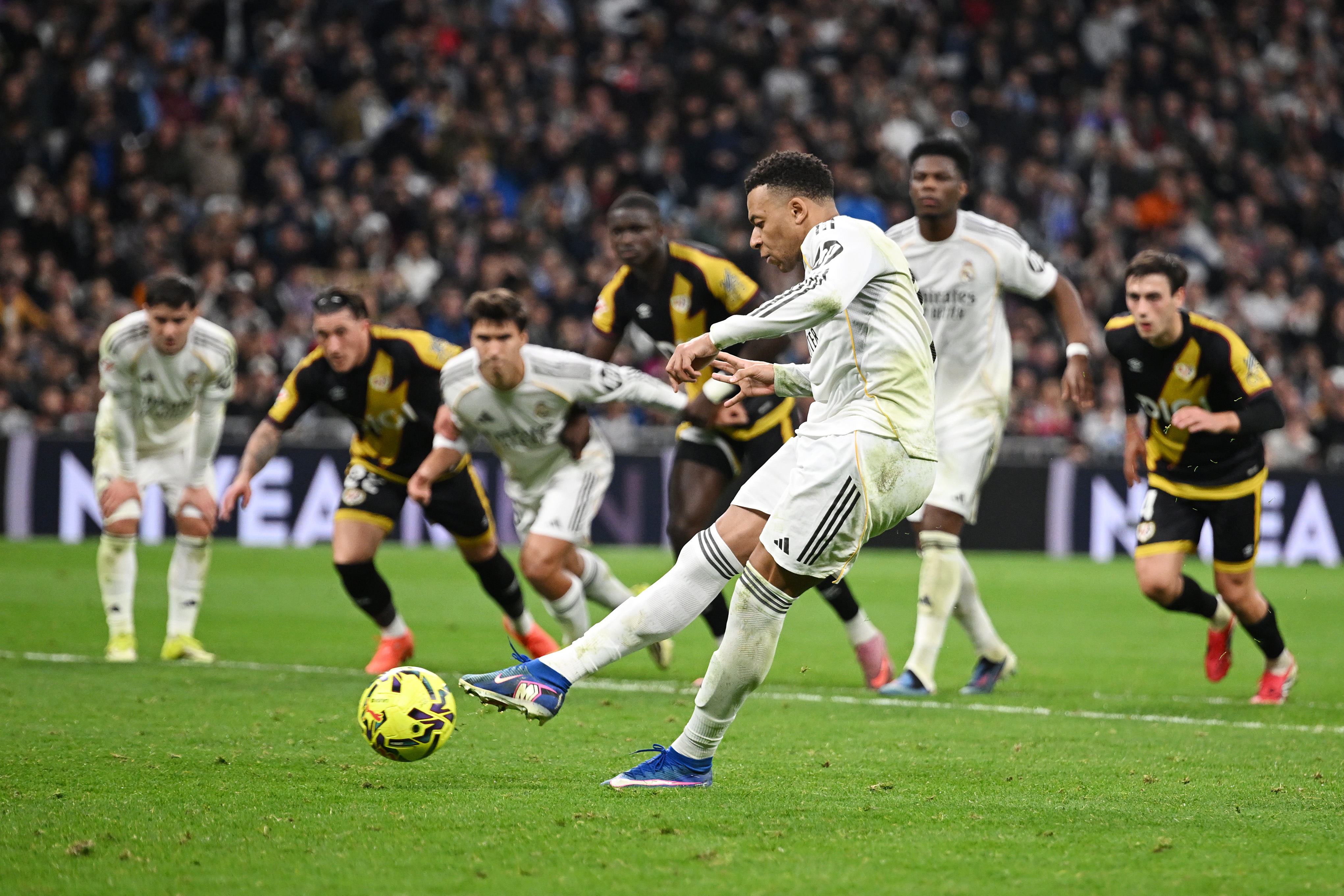 MADRID, SPAIN - FEBRUARY 01: Kylian Mbappe of Real Madrid scores his team's second goal from the penalty spot during the LaLiga EA Sports match between Real Madrid CF and Rayo Vallecano de Madrid at Estadio Santiago Bernabeu on February 01, 2026 in Madrid, Spain. (Photo by Denis Doyle/Getty Images)