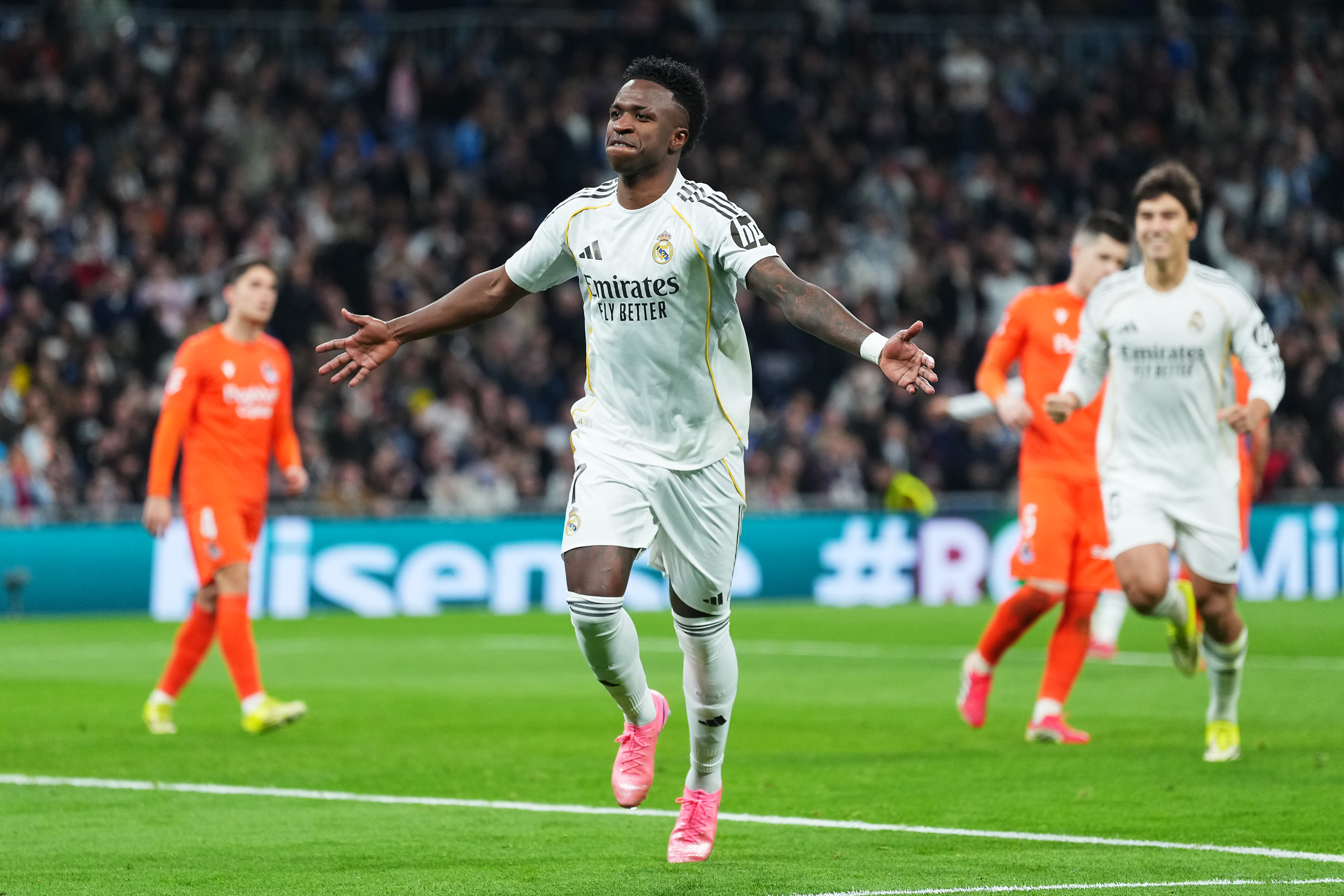 MADRID, SPAIN - FEBRUARY 14: Vinicius Junior of Real Madrid celebrates scoring his team's fourth goal during the LaLiga EA Sports match between Real Madrid CF and Real Sociedad at Estadio Santiago Bernabeu on February 14, 2026 in Madrid, Spain. (Photo by Angel Martinez/Getty Images)