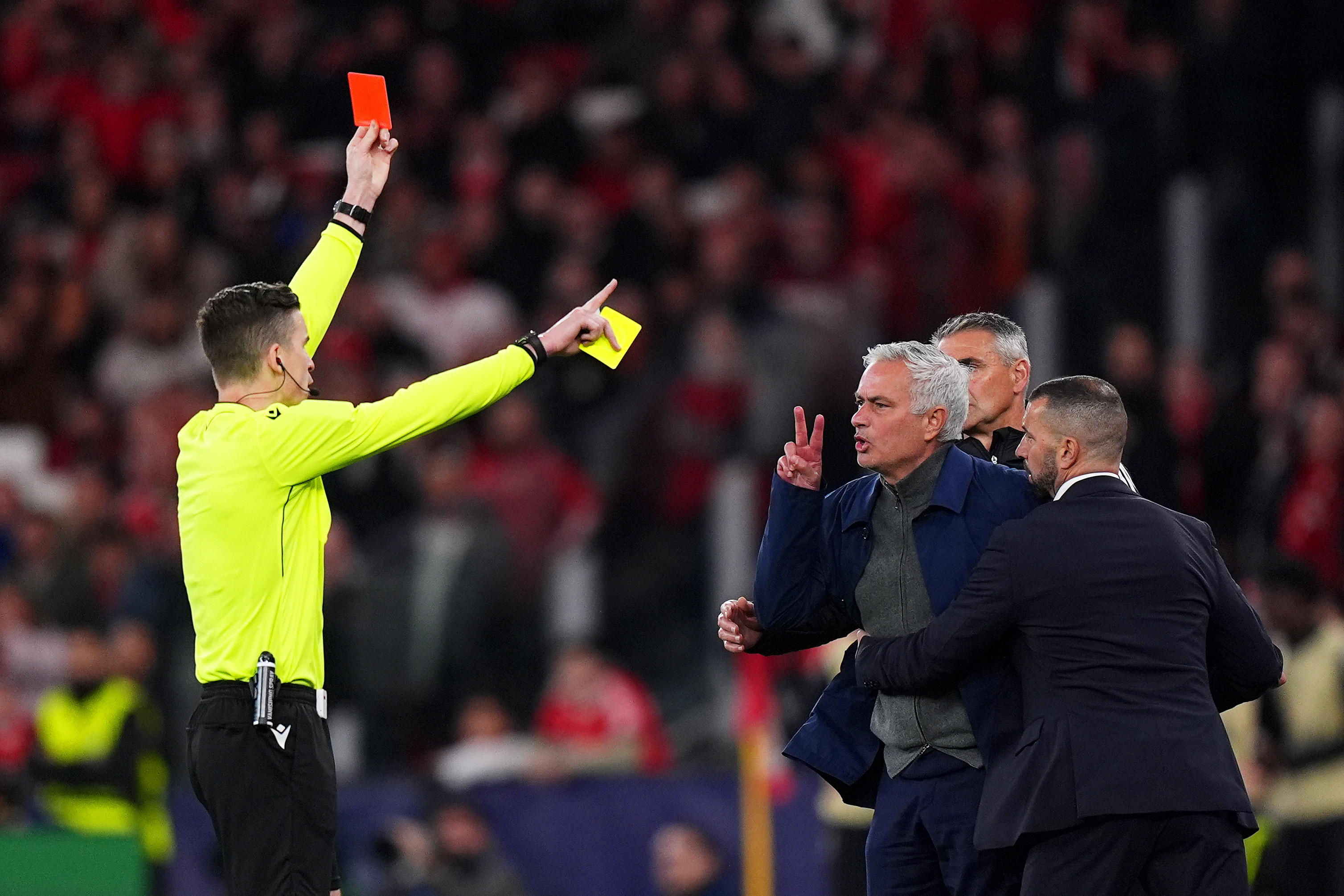LISBON, PORTUGAL - FEBRUARY 17: Jose Mourinho, Head Coach of Benfica, is shown a red card by referee Francois Letexier during the UEFA Champions League 2025/26 League Knockout Play-off First Leg match between SL Benfica and Real Madrid C.F. at Estadio do SL Benfica on February 17, 2026 in Lisbon, Portugal. (Photo by Angel Martinez/Getty Images)
