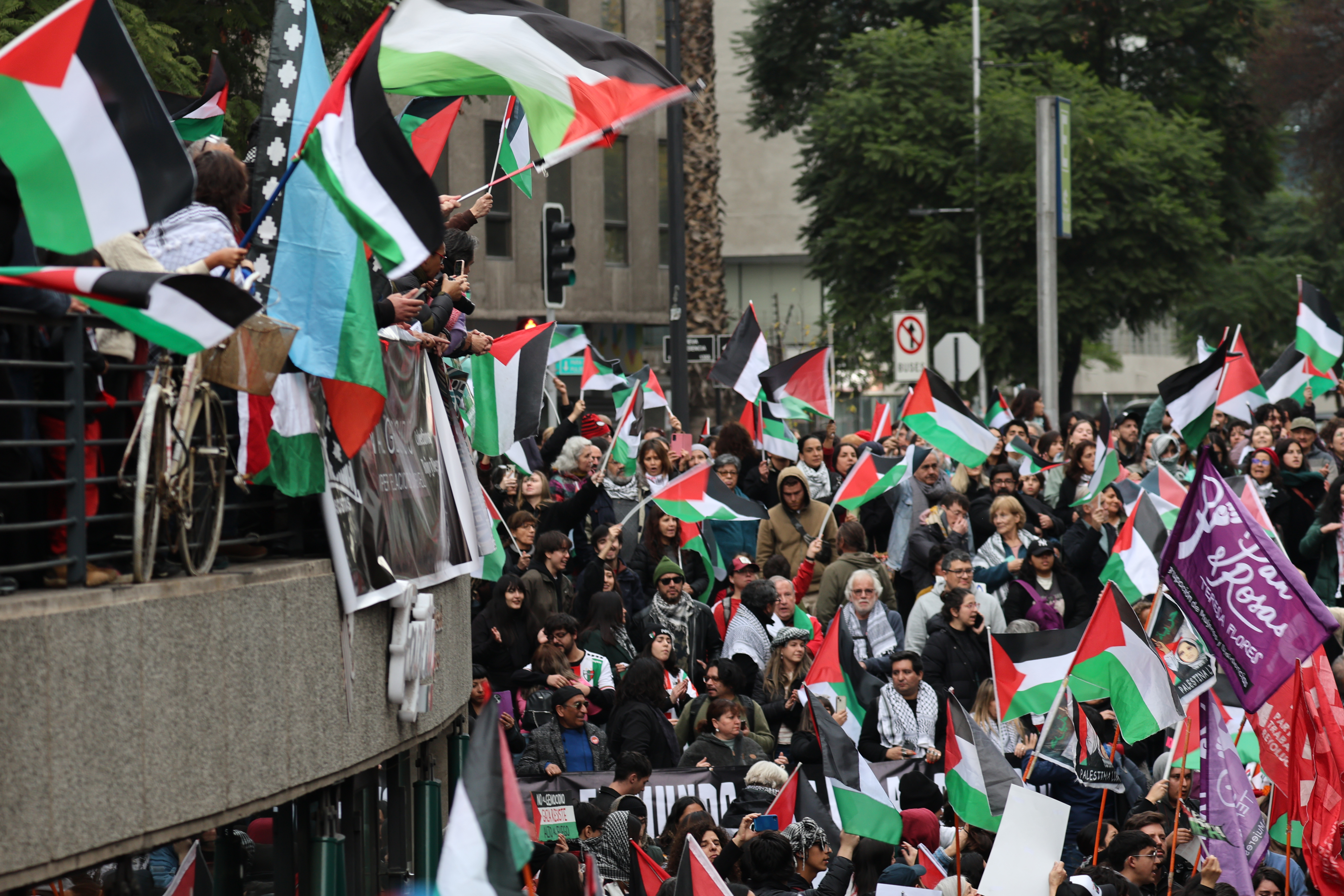 SANTIAGO, CHILE - JUNE 14: Protesters wave Palestinian flag during the global march in support of Gaza on June 14, 2025 in Santiago, Chile. Activists called people to join the protest and gather supplies to send humanitarian aid to Gaza. (Photo by Marcelo Hernandez/Getty Images)