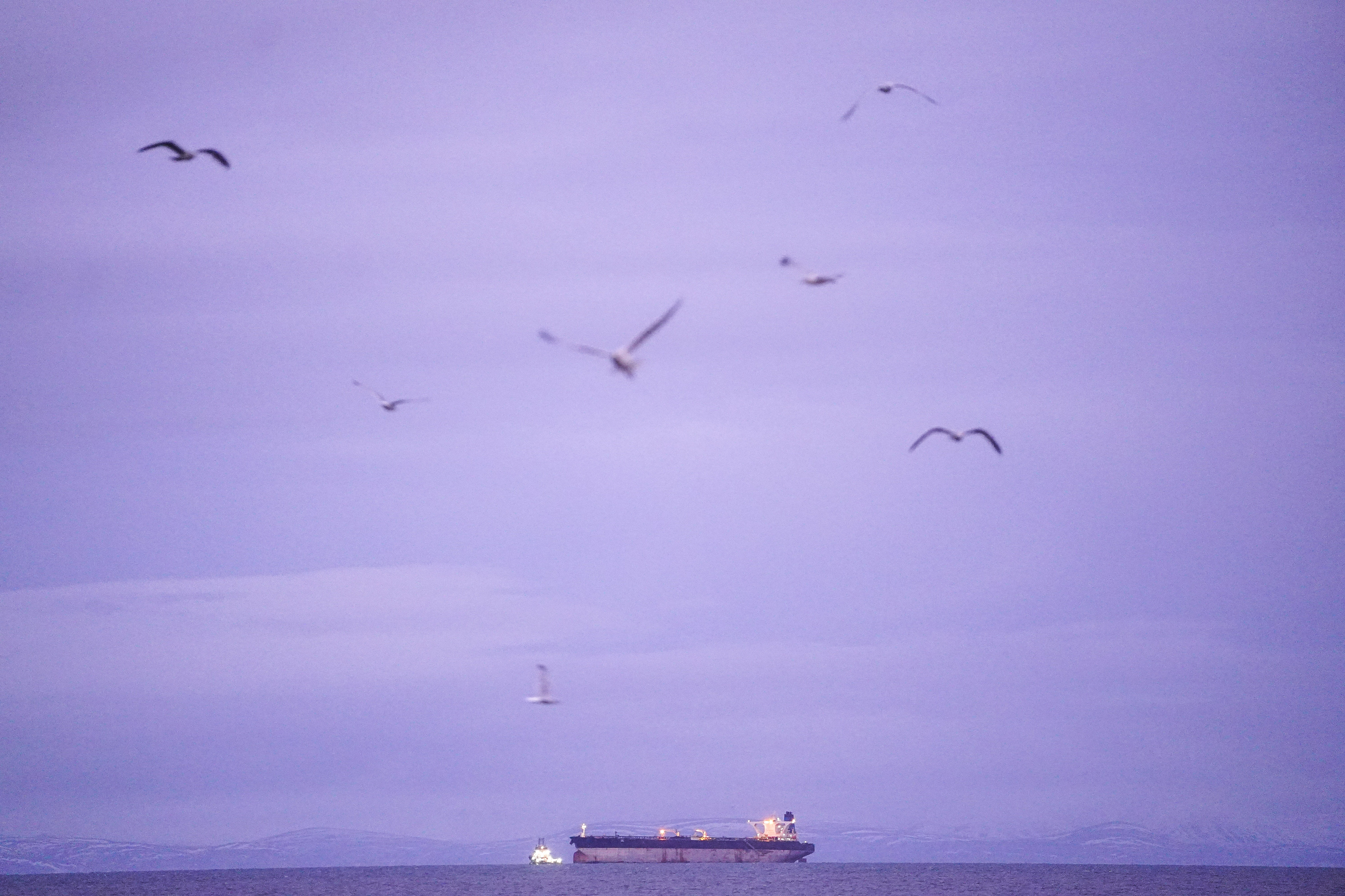 BURGHEAD, SCOTLAND - JANUARY 14: The Marinera oil tanker is seen on January 14, 2026 in Burghead, Scotland. The Marinera oil tanker, previously known as the Bella 1, has entered UK waters at the request of the US to be replenished with "essential supplies." The Russian-flagged tanker was seized by US forces on 7 January 2026, between Iceland and Scotland, for allegedly violating sanctions by transporting oil for Venezuela, Russia, and Iran. (Photo by Peter Summers/Getty Images)