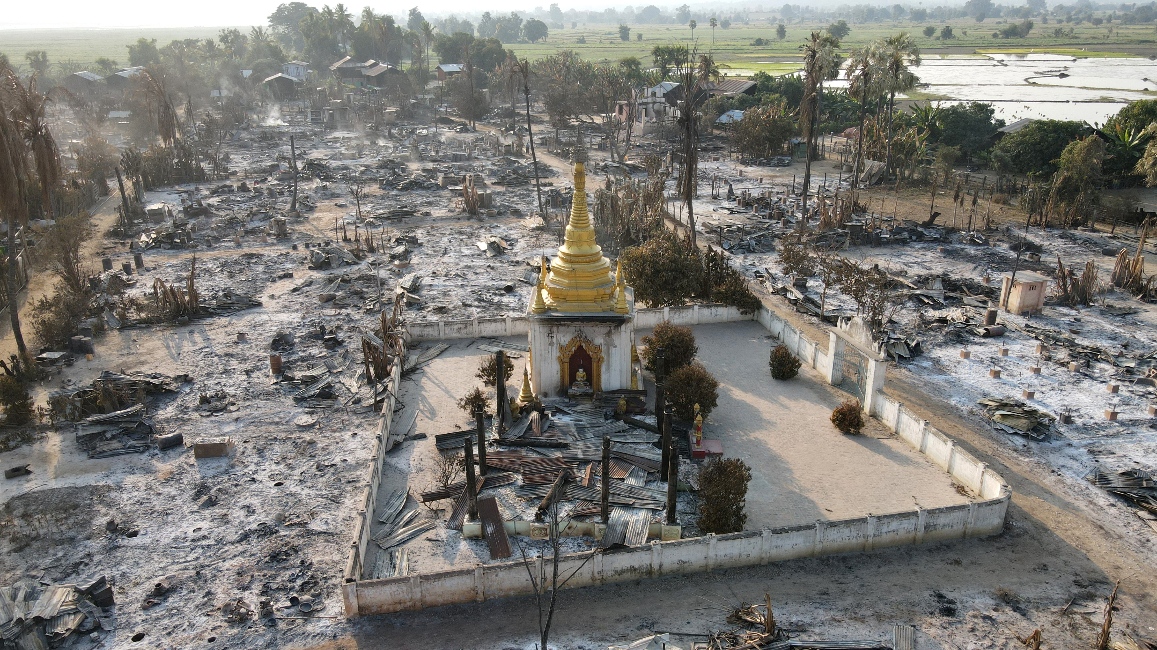 An aerial view of Bin village of the Mingin Township in Sagaing region after villagers say it was set ablaze by the Myanmar military, in Myanmar February 3, 2022. Picture taken February 3, 2022. Picture taken with a drone. REUTERS/Stringer