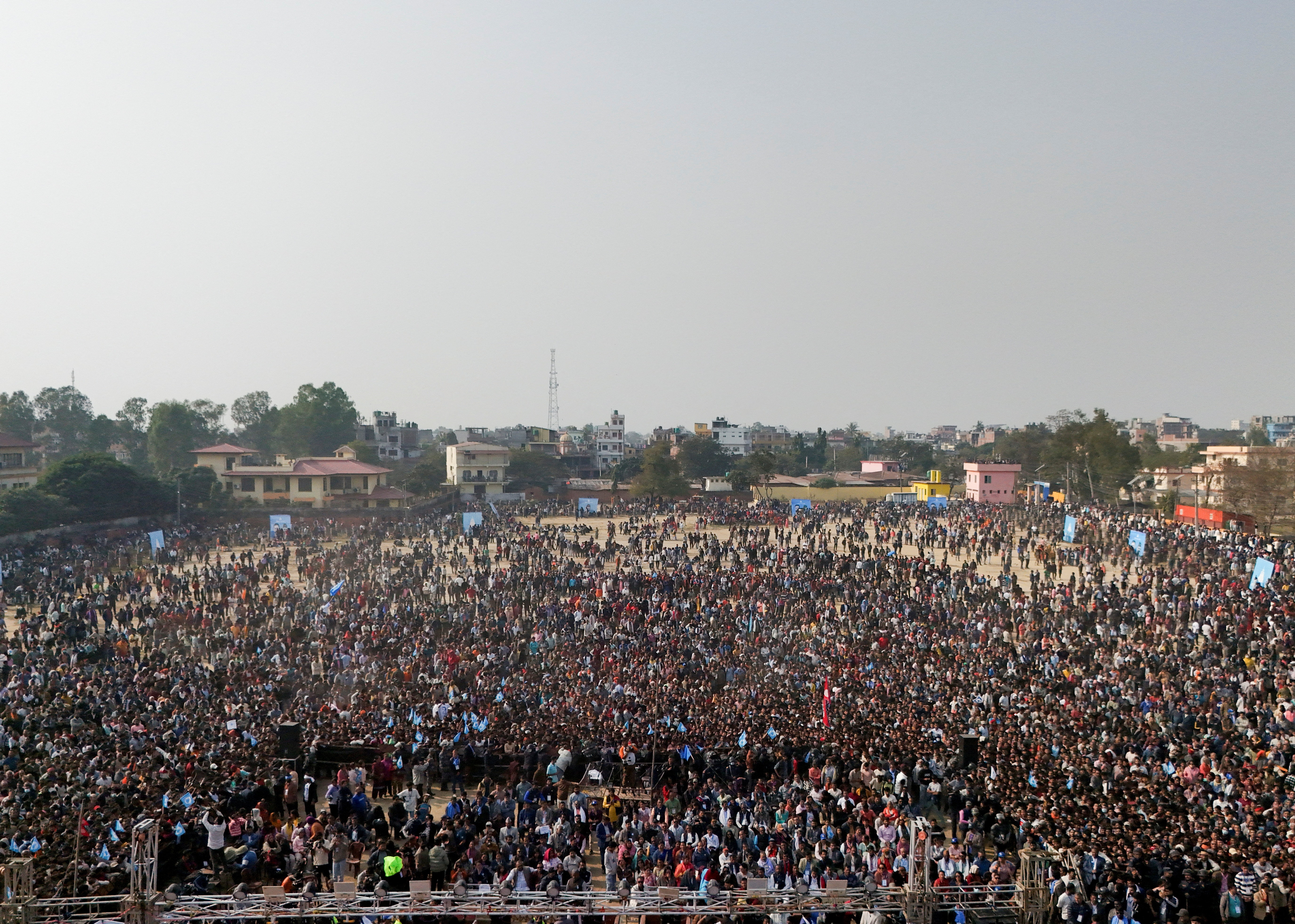 A drone view shows supporters arriving as they gather while waiting for Balendra Shah, former mayor of Kathmandu popularly known as "Balen", who according to party officials, will become prime minister under an internal agreement if the Rastriya Swatantra Party (RSP) wins the March 5 elections, during an election campaign in Janakpur, Nepal, January 19, 2026. REUTERS/Navesh Chitrakar