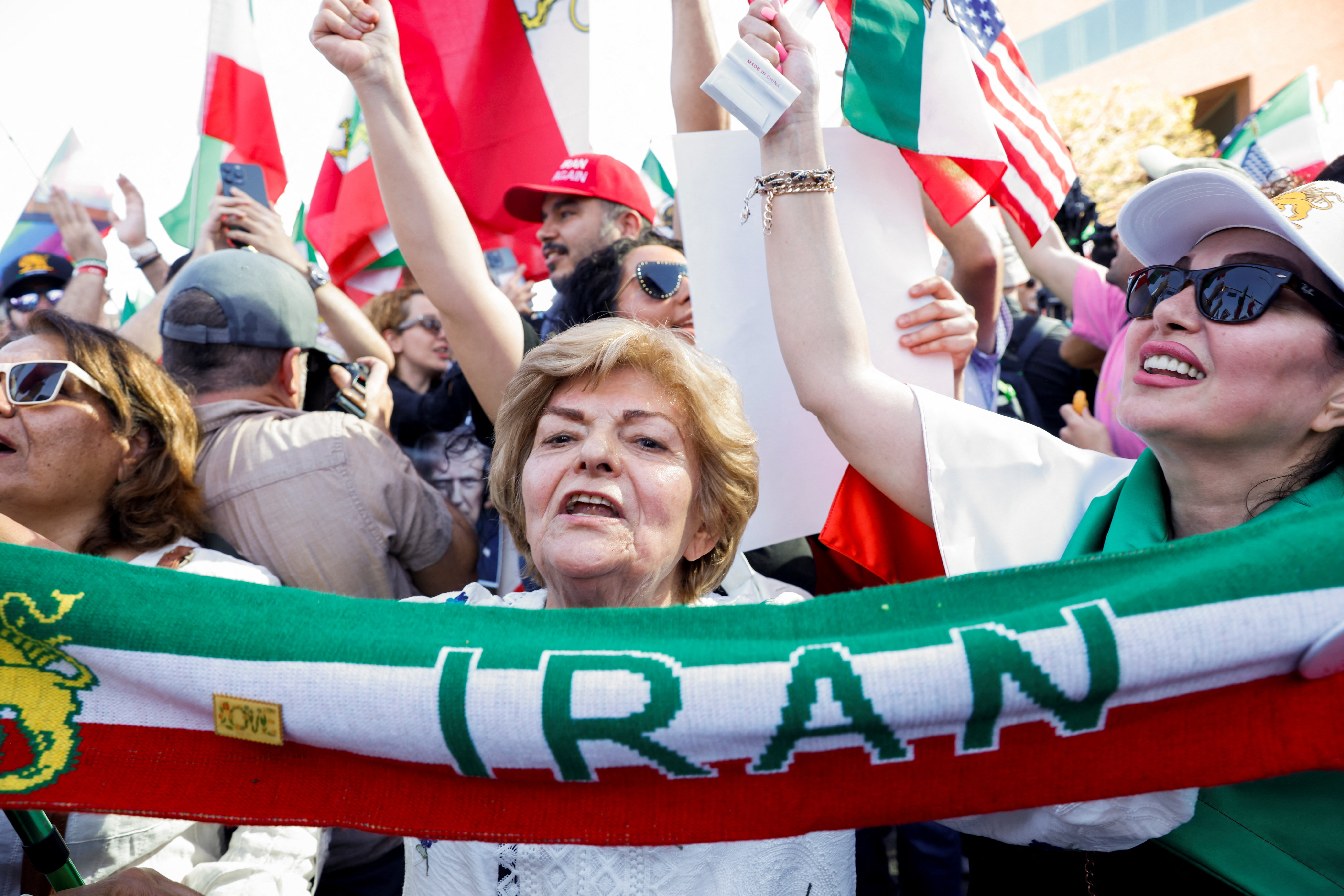 People celebrate during a rally against Iran's ruling establishment in Los Angeles, California, U.S., February 28, 2026. REUTERS/Jill Connelly